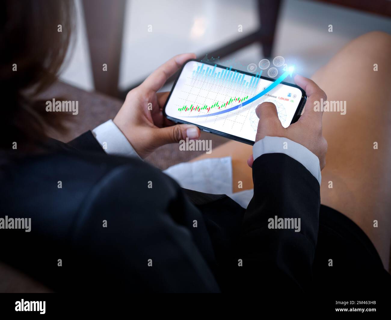 Digital marketing and investment technology. Rising arrow with charts