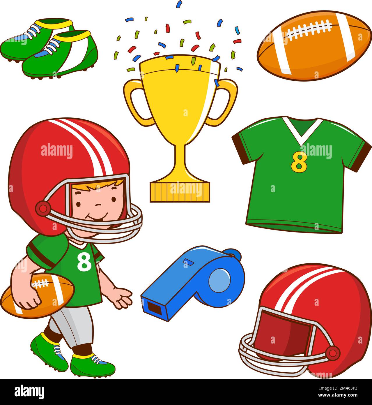 American football collection with child rugby player. Vector illustration Stock Vector
