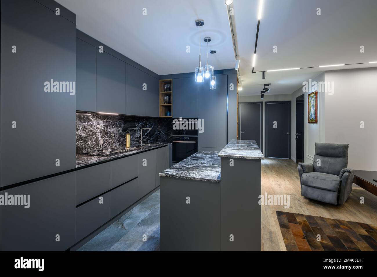 Luxury living room and kitchen in studio apartment Stock Photo - Alamy