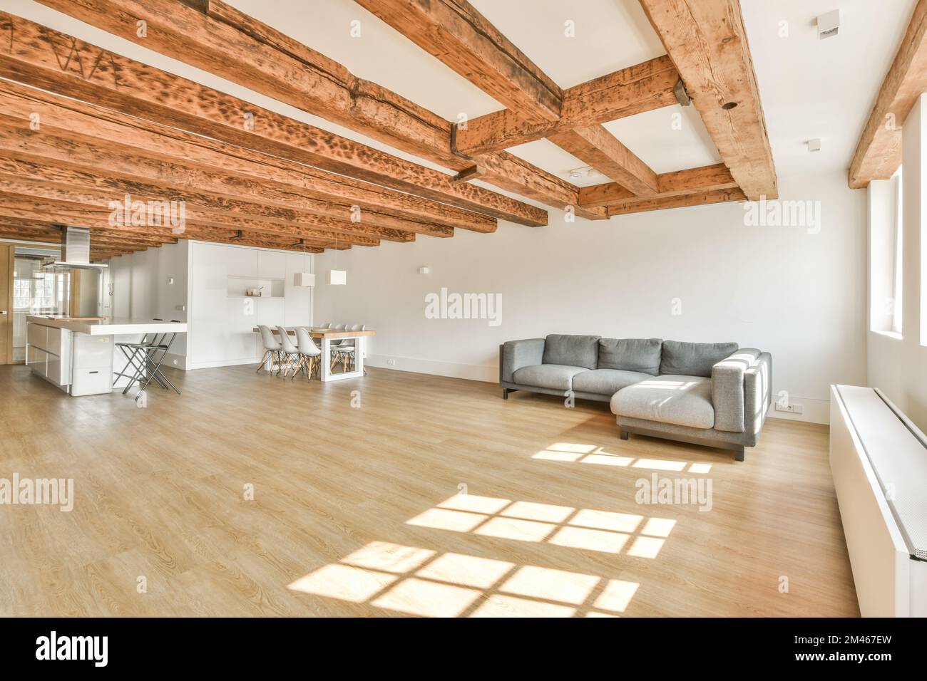 Sofa located near lounge area and kitchen under white ceiling with