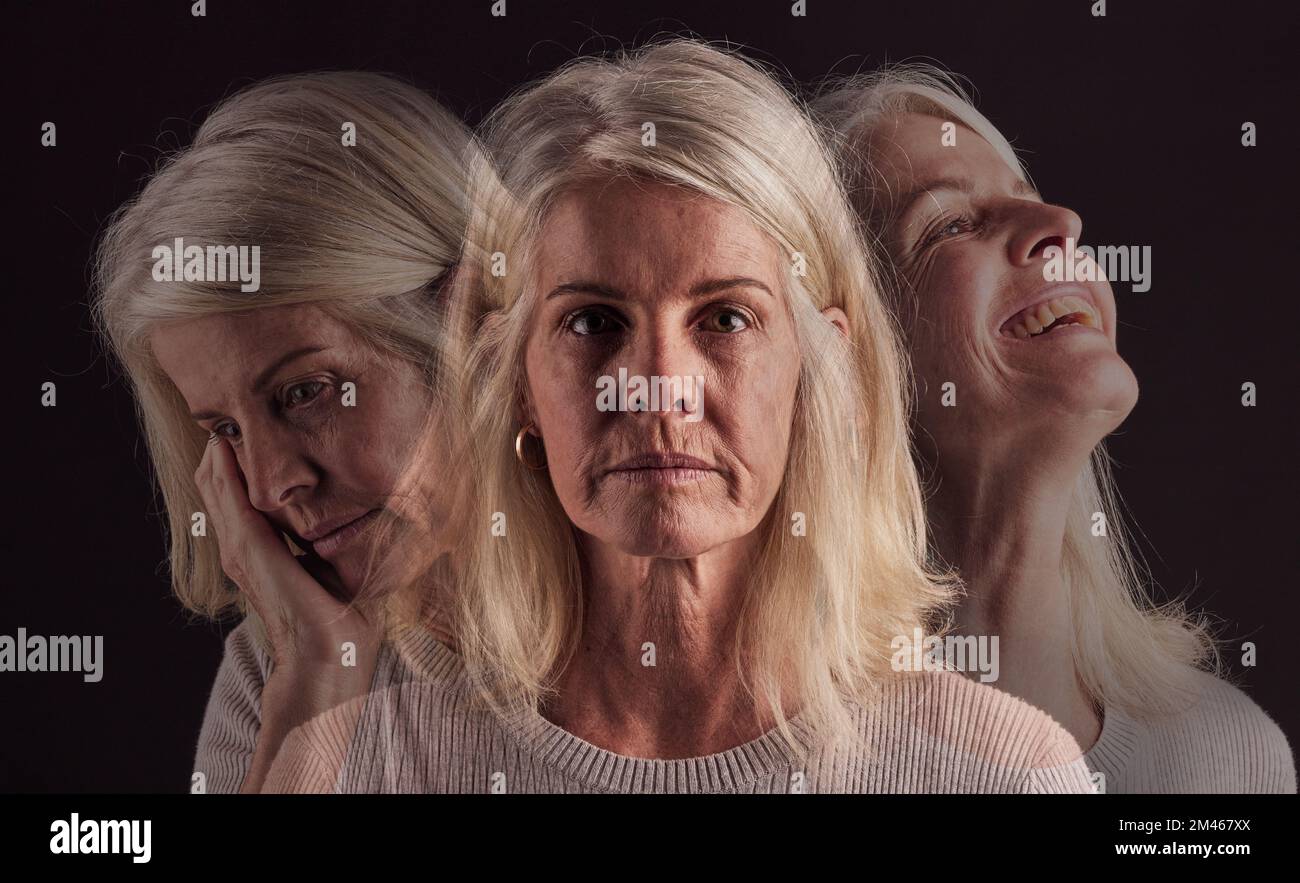 Senior woman, bipolar or mental health for depression, psychology or mood swings. Mature female, depressed or schizophrenia with identity crisis Stock Photo