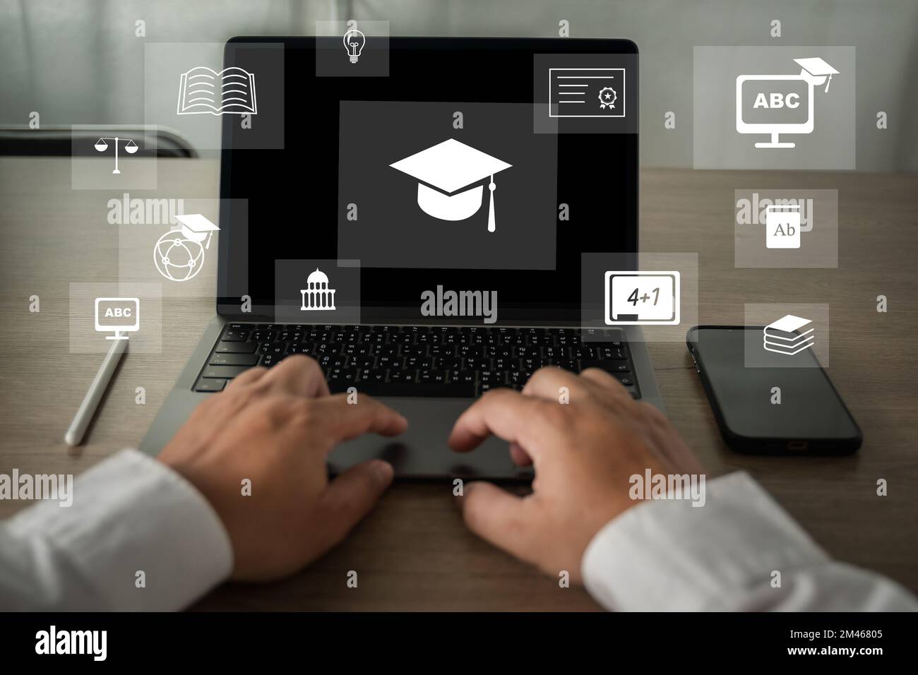 person training e-learning education class concept, learning online with webinar on computer laptop Stock Photo