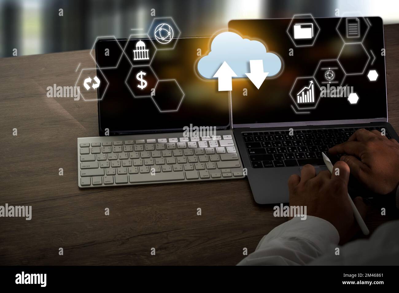 Cloud technology man use Laptop technology load cloud computing internet to Networking communication on Data storage Stock Photo