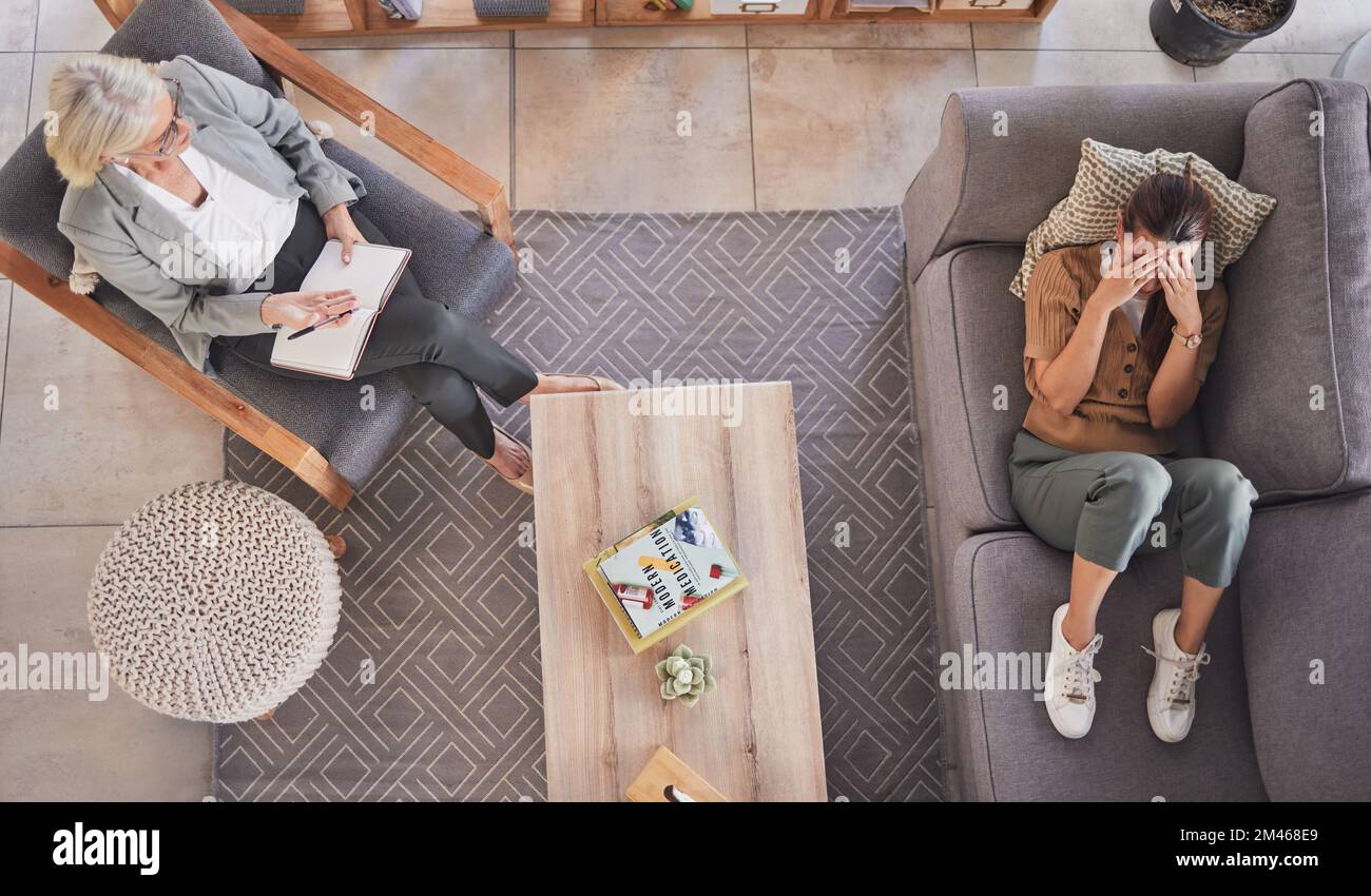 Anxiety, psychologist and woman with stress, depression or mental health problems crying in