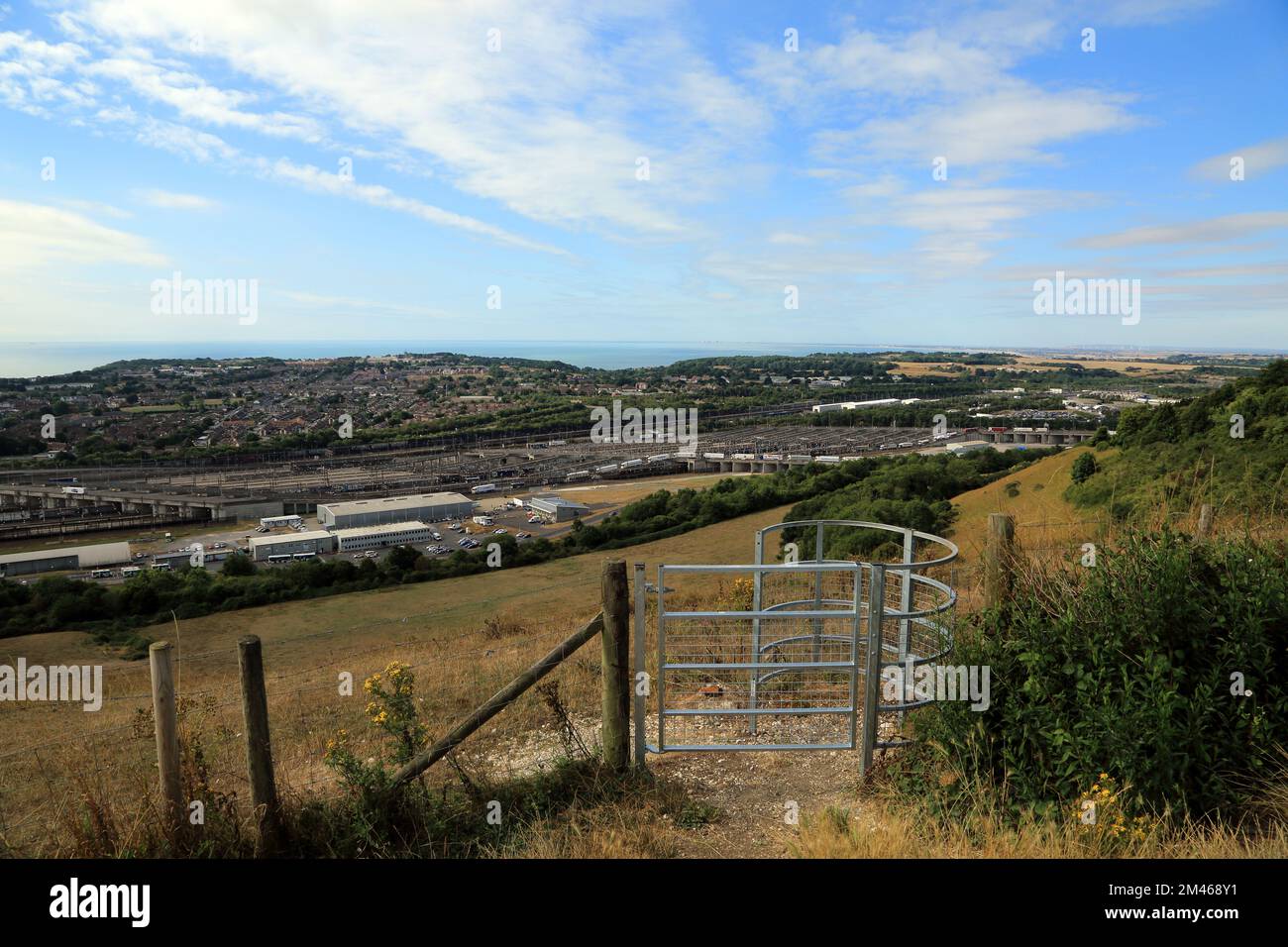 Footpath gate and view across Folkestone and across the Eurotunnel site