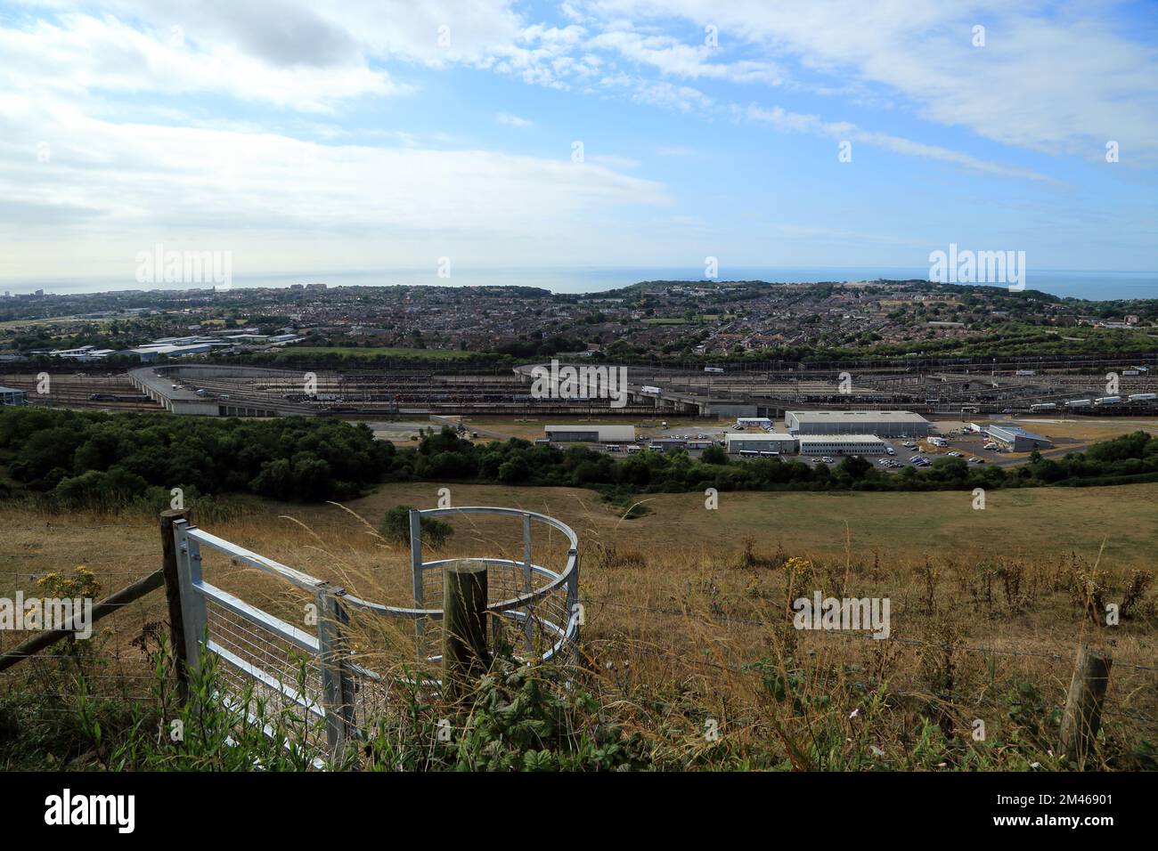 Footpath gate and view across Folkestone and across the Eurotunnel site