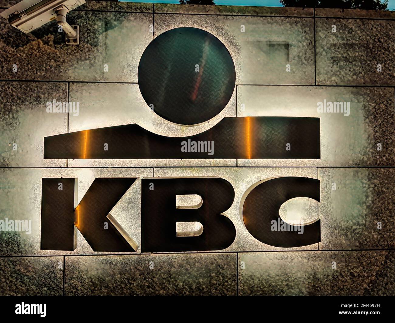 Impression on a KBC logo trademark sign at the entrance of the headquarters in Gent, Flandres, Belgium Stock Photo