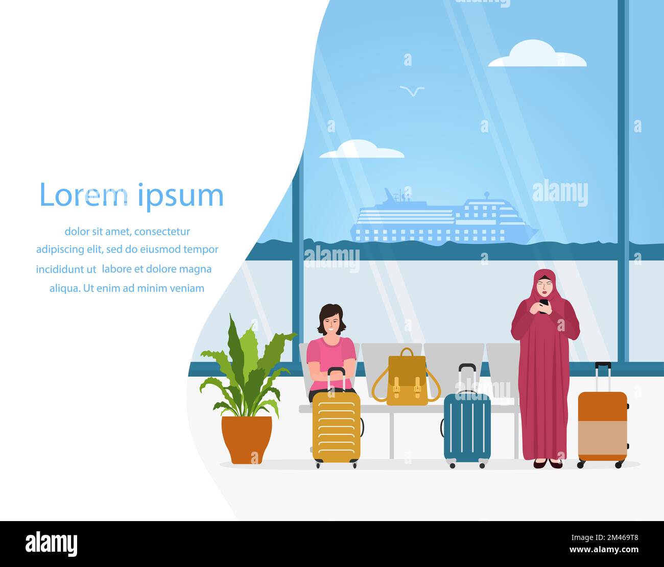 Vector illustration Muslim woman use cell phone, caucasian girl with suitcases waiting for check-in sea cruise. Sea port. Passenger. Tourist. Summer v Stock Vector