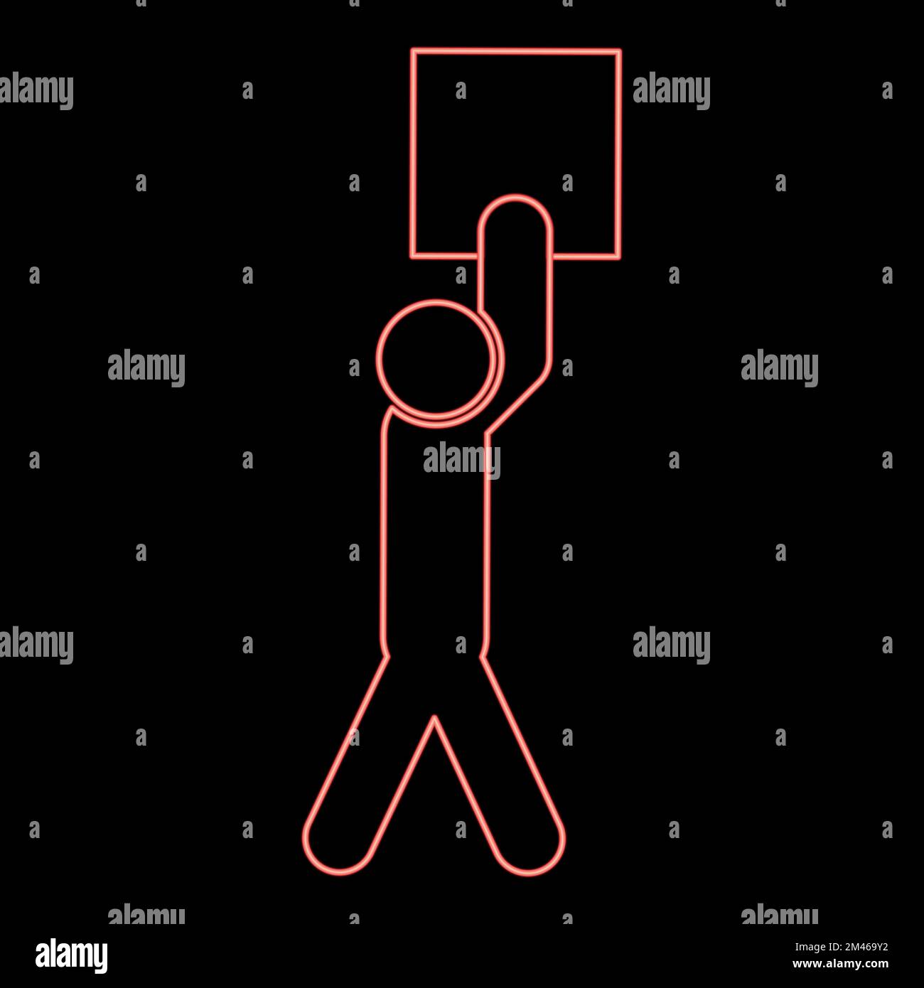 Neon man carries load in his arms above himself Stick work on delivery parcel red color vector
