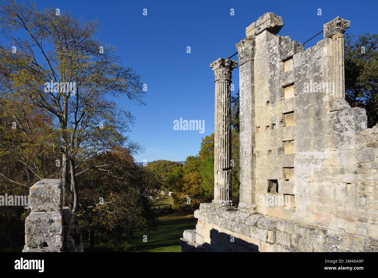 Roman Temple of Château-Bas & Classical Fluted Column (built c1st BC) Vernègues Provence France Stock Photo