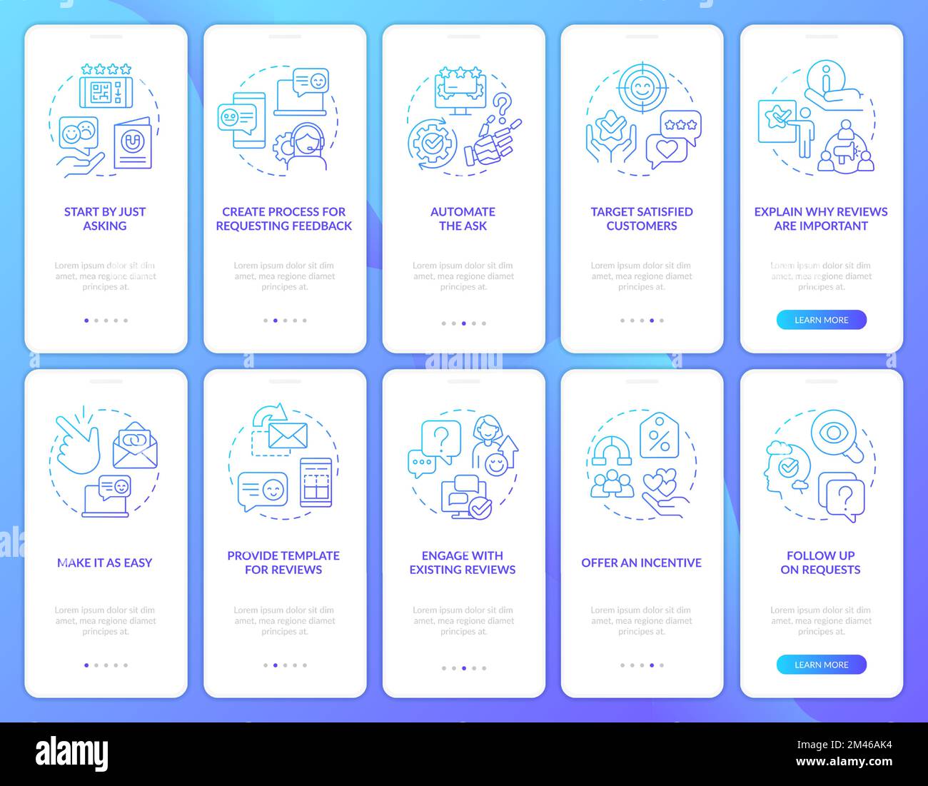 Earning customer loyalty blue gradient onboarding mobile app screen set Stock Vector