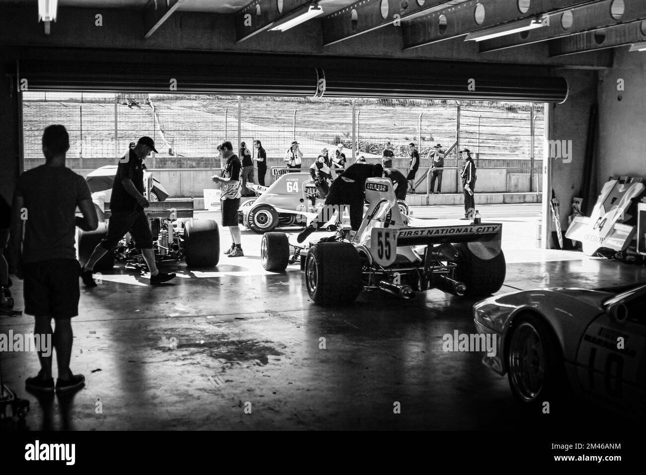Vintage race car in the pit stop garage of a racing circuit in New