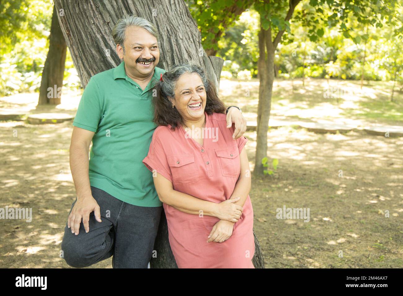 Happy indian senior couple standing together at summer park Stock Photo ...