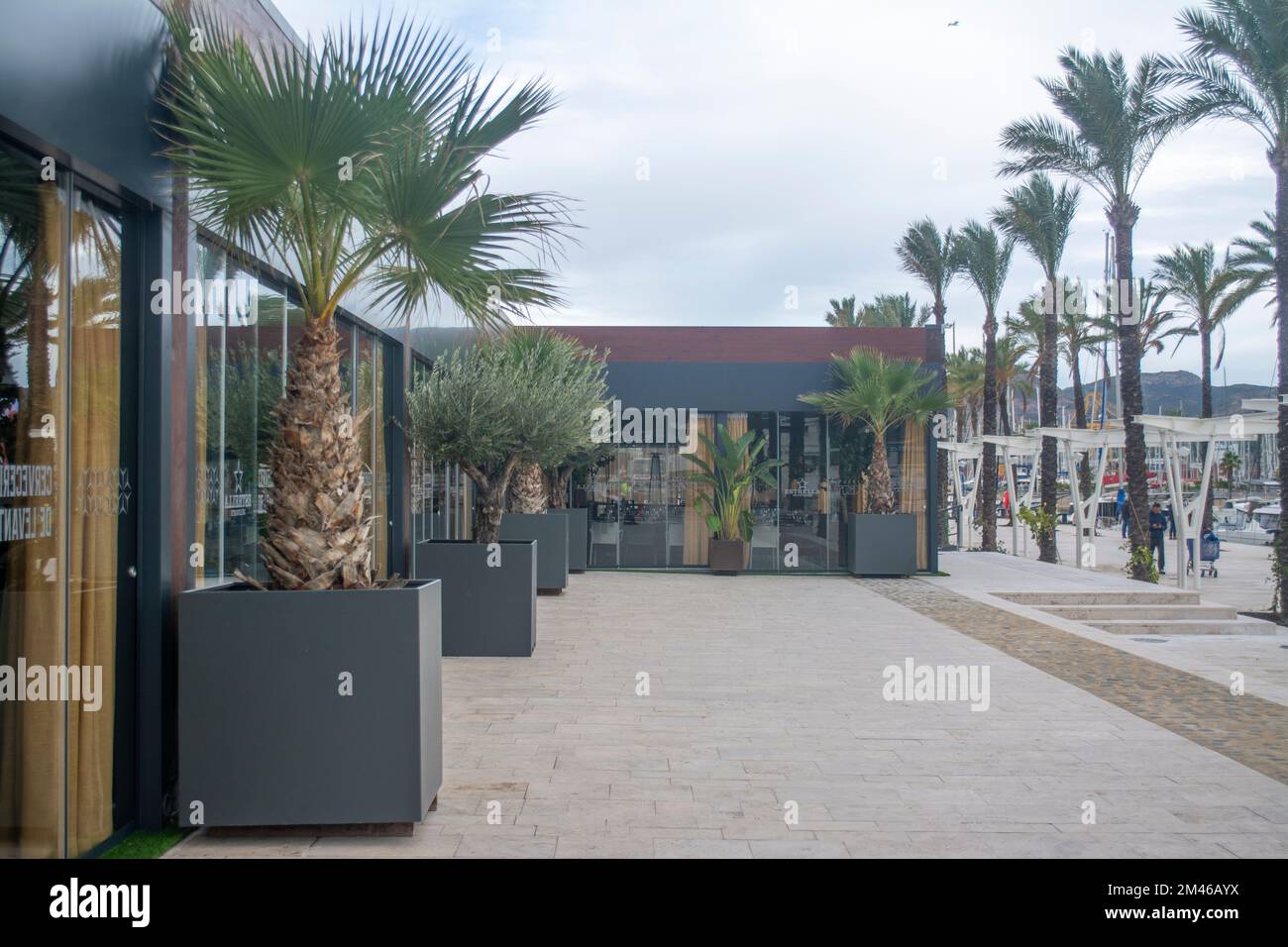 Exterior of the new Alviento bar restaurant on the quayside of the port of Cartagena in Murcia, Spain Stock Photo