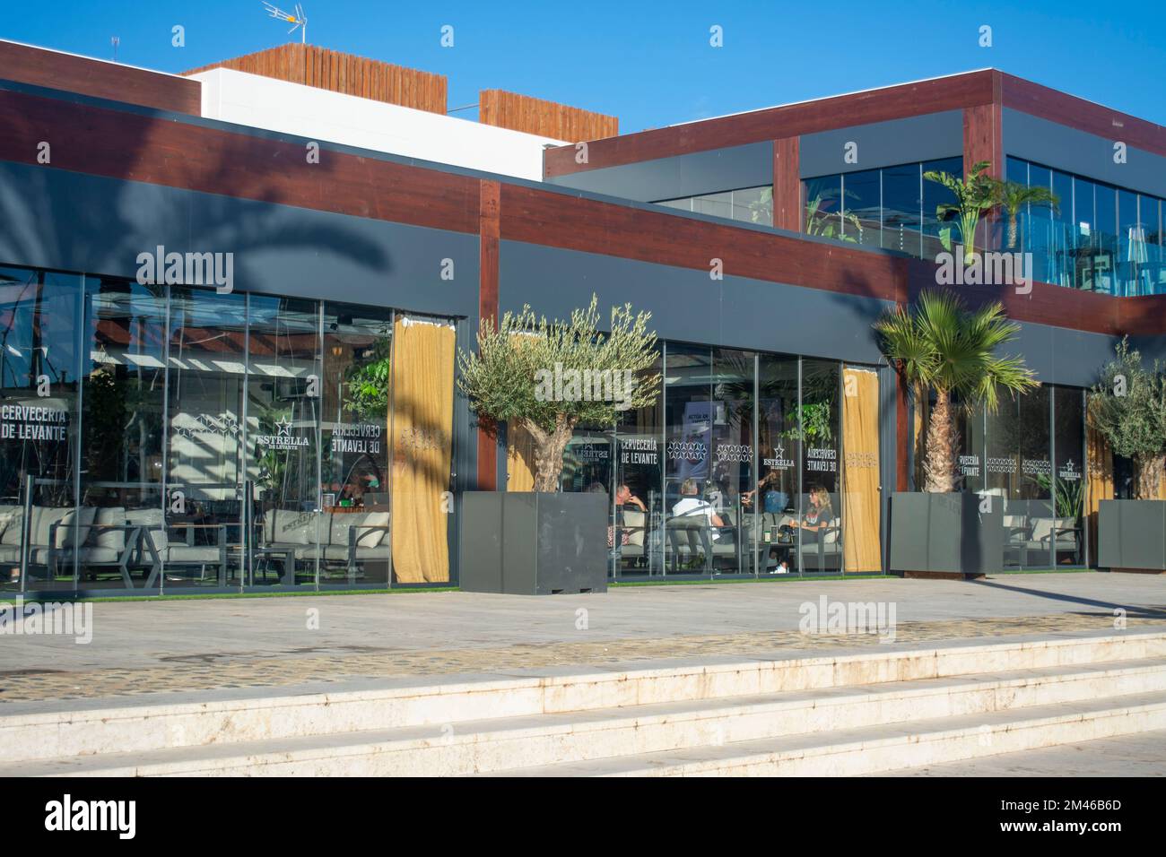 Exterior of the new Alviento bar restaurant on the quayside of the port of Cartagena in Murcia, Spain Stock Photo