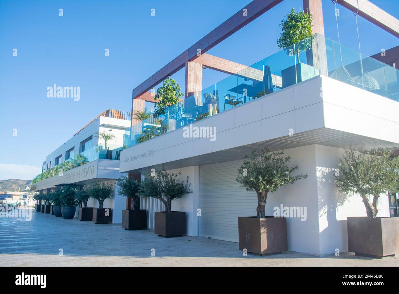 Exterior of the new Alviento bar restaurant on the quayside of the port of Cartagena in Murcia, Spain Stock Photo