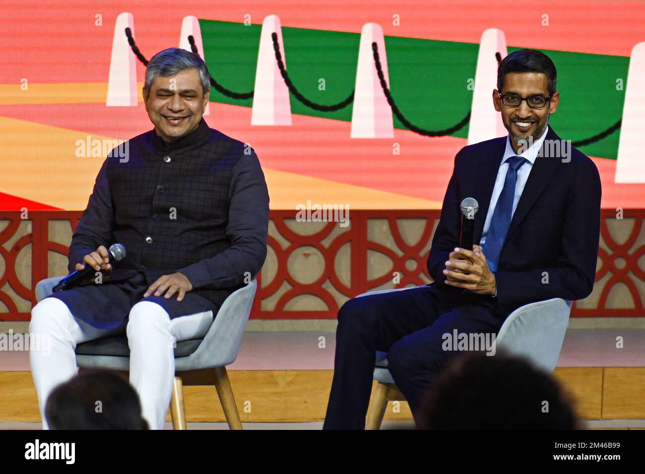 New Delhi, Delhi, India. 19th Dec, 2022. Minister of Railways, Communications and Electronics and Information Technology Ashwini Vaishnaw (L) and Sundar Pichai, Chief Executive Officer (CEO) of Google Inc. (R) during Google for India event in New Delhi (Credit Image: © Kabir Jhangiani/ZUMA Press Wire) Stock Photo