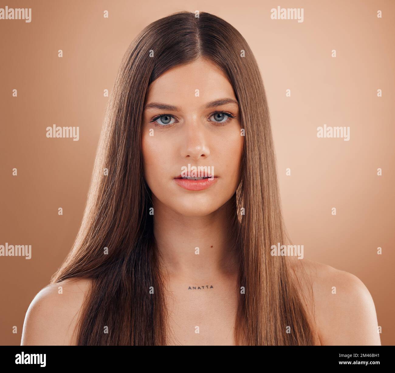 Hair care, beauty and face of aesthetic woman on studio background for