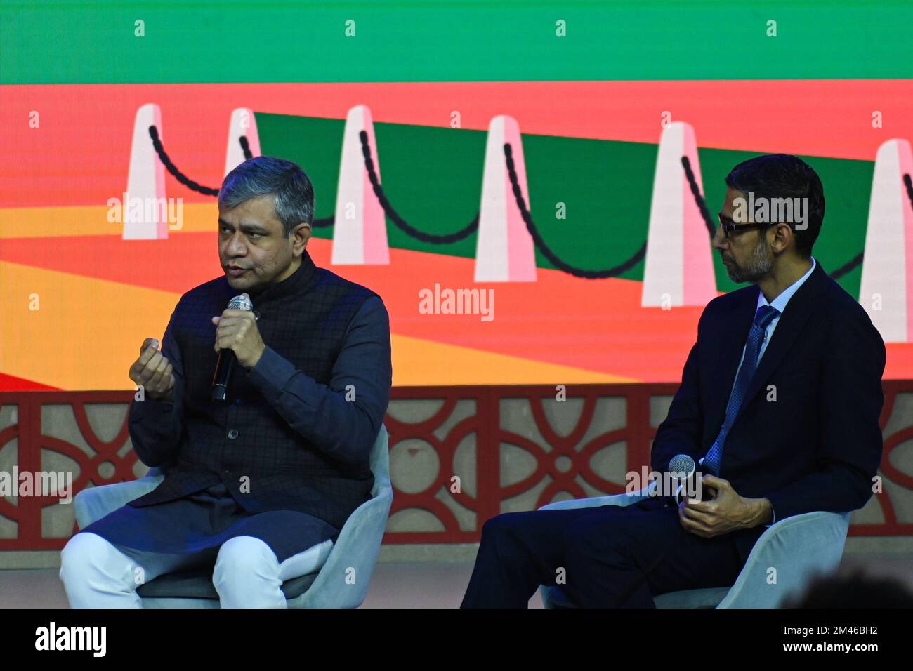 New Delhi, Delhi, India. 19th Dec, 2022. Minister of Railways, Communications and Electronics and Information Technology Ashwini Vaishnaw (L) and Sundar Pichai, Chief Executive Officer (CEO) of Google Inc. (R) during Google for India event in New Delhi (Credit Image: © Kabir Jhangiani/ZUMA Press Wire) Stock Photo