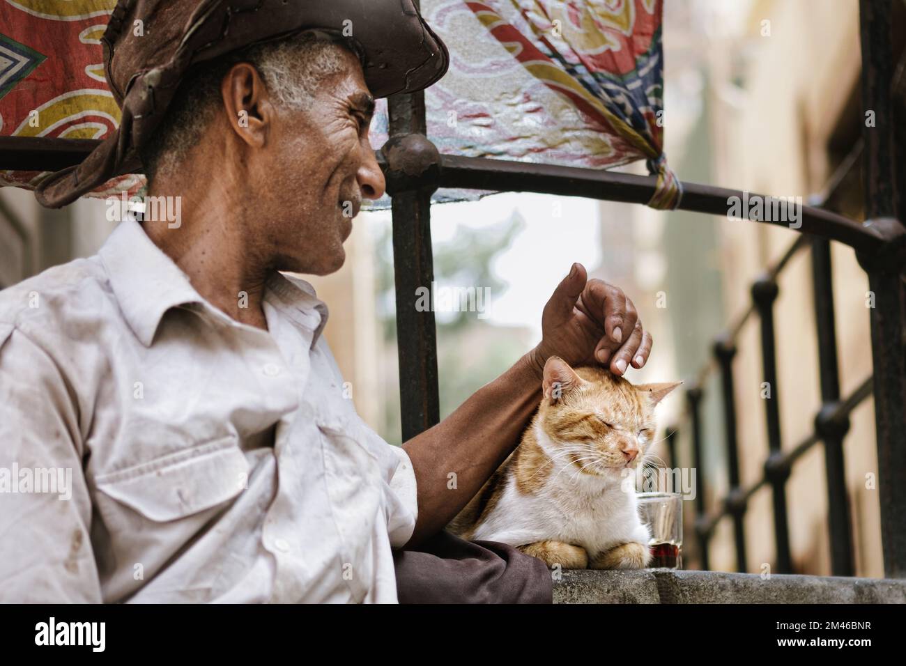 A happy Egyptian old man with a hat fondling on a Cat outdoors Stock Photo