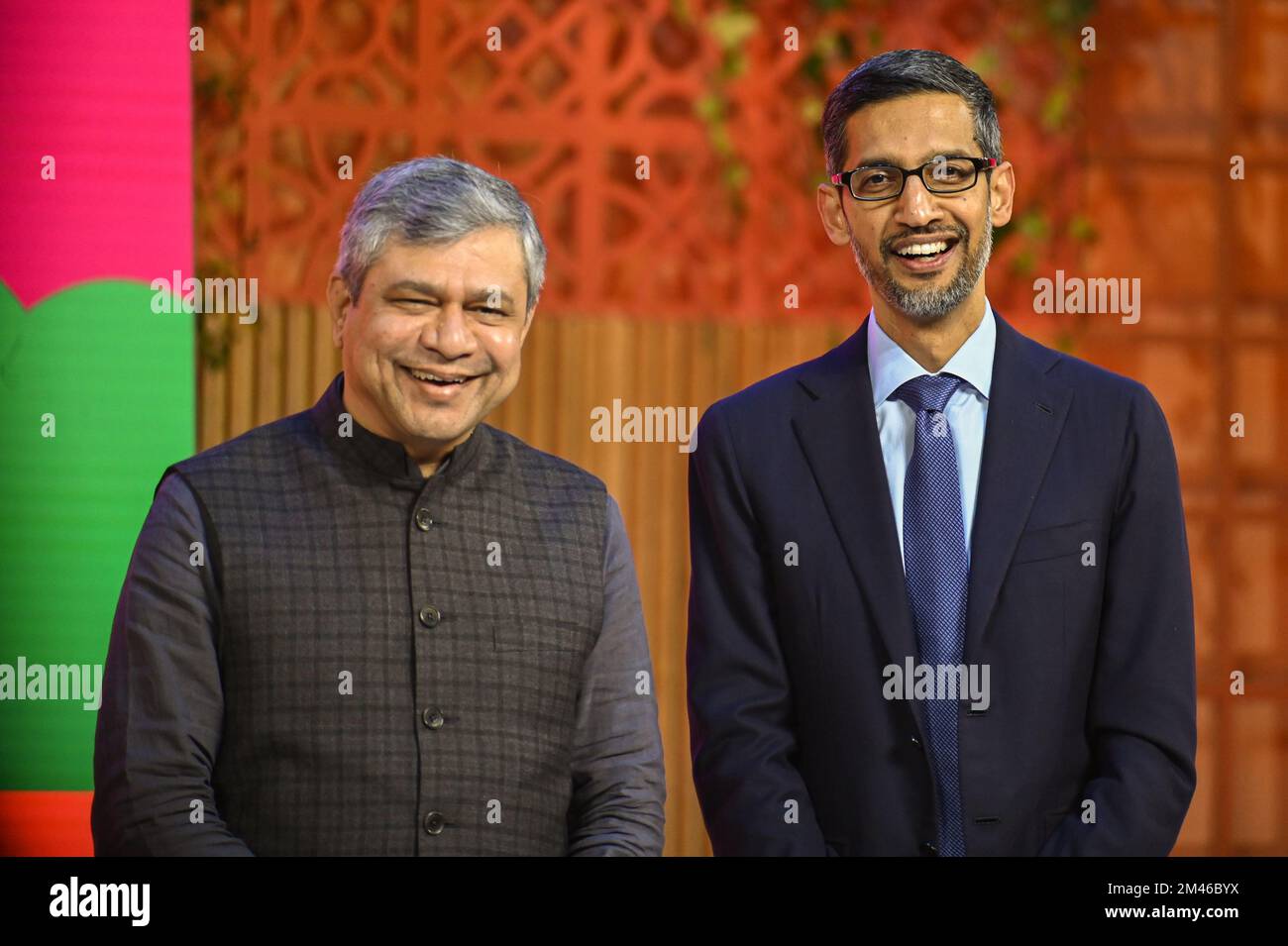 New Delhi, Delhi, India. 19th Dec, 2022. Minister of Railways, Communications and Electronics and Information Technology Ashwini Vaishnaw (L) and Sundar Pichai, Chief Executive Officer (CEO) of Google Inc. (R) pose for a photograph during Google for India event in New Delhi (Credit Image: © Kabir Jhangiani/ZUMA Press Wire) Stock Photo