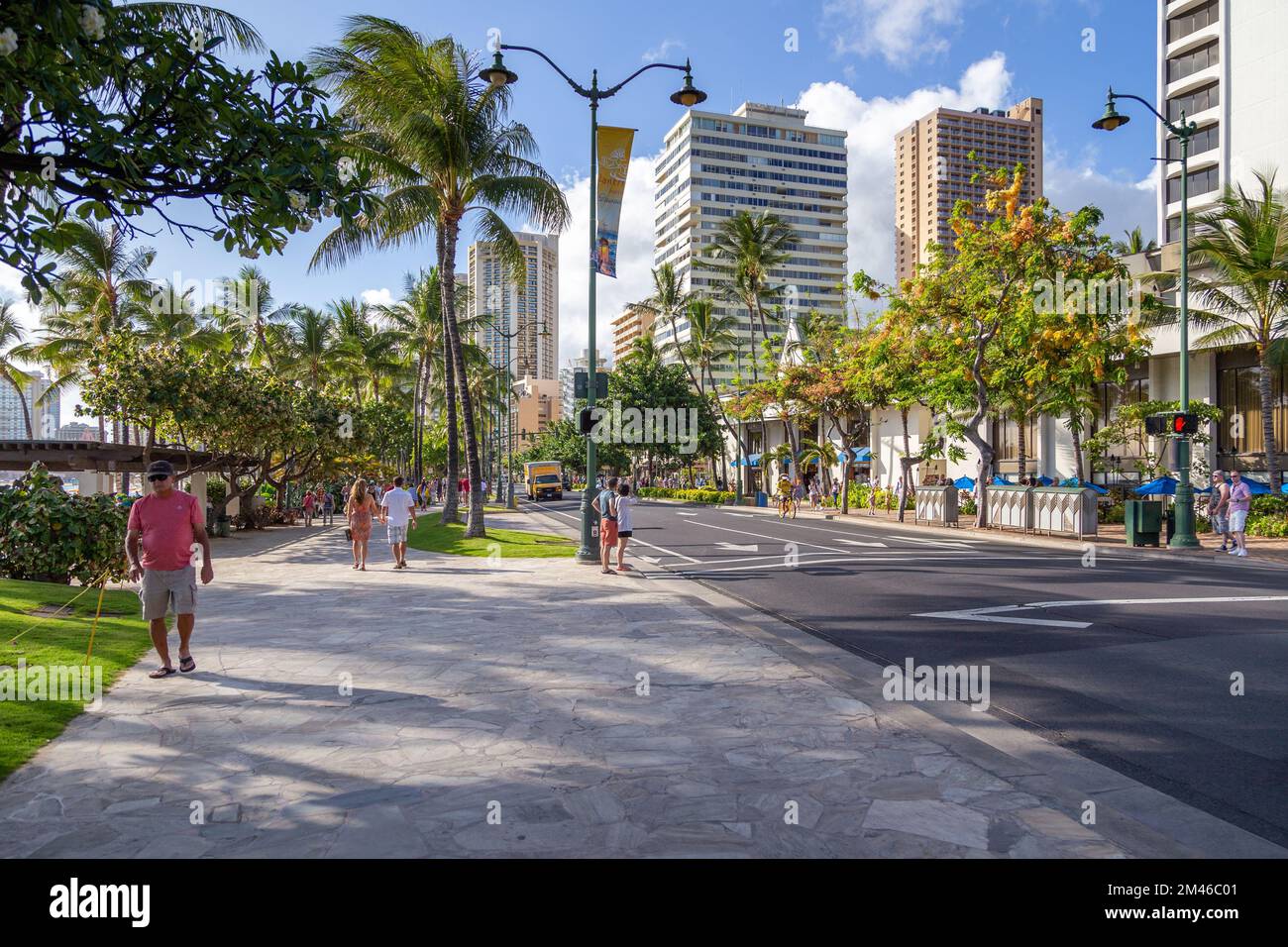 Kalakaua Avenue, a busy shopping street alongside Waikiki Beach in