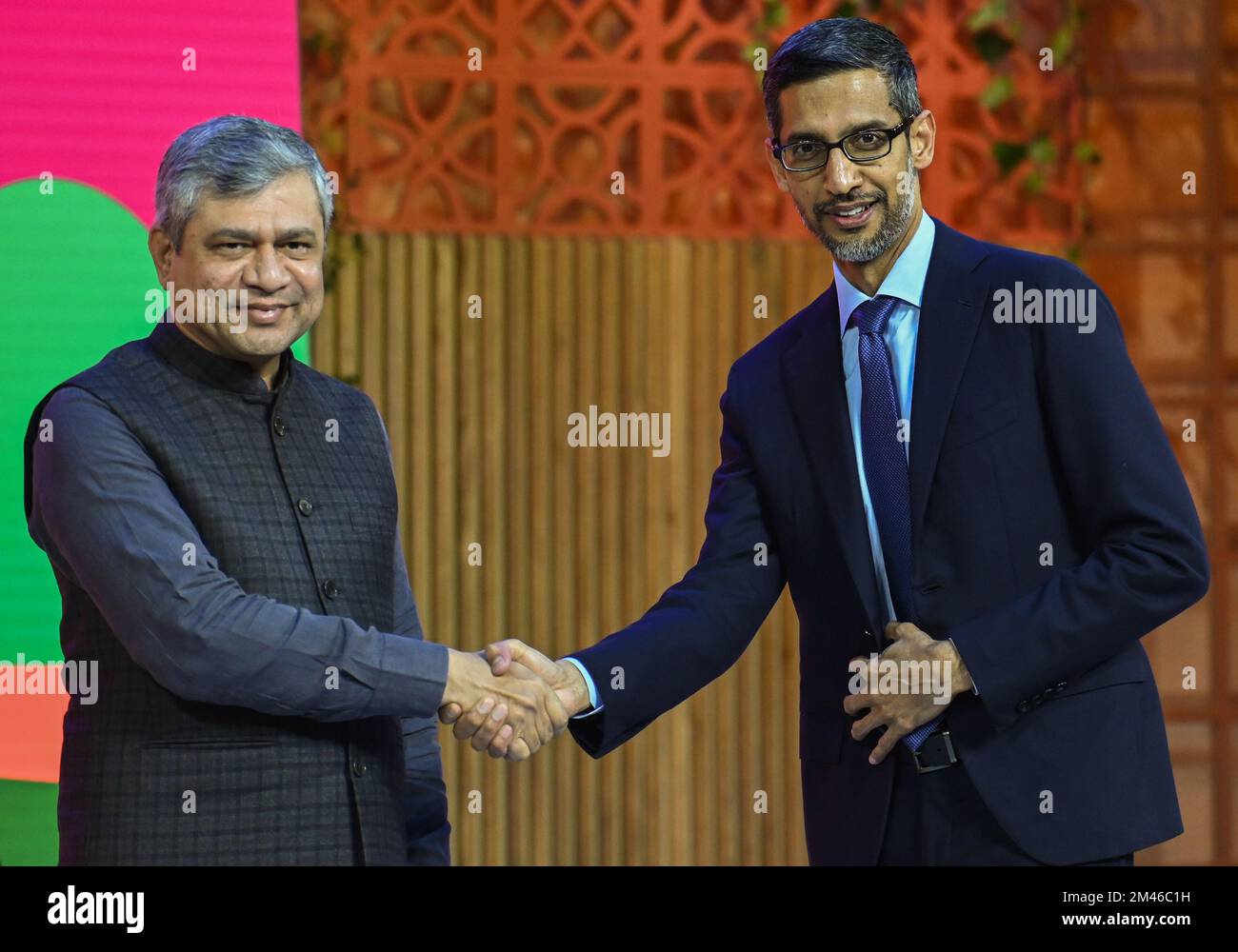 New Delhi, Delhi, India. 19th Dec, 2022. Minister of Railways, Communications and Electronics and Information Technology Ashwini Vaishnaw (L) and Sundar Pichai, Chief Executive Officer (CEO) of Google Inc. (R) shake hands during Google for India event in New Delhi (Credit Image: © Kabir Jhangiani/ZUMA Press Wire) Stock Photo
