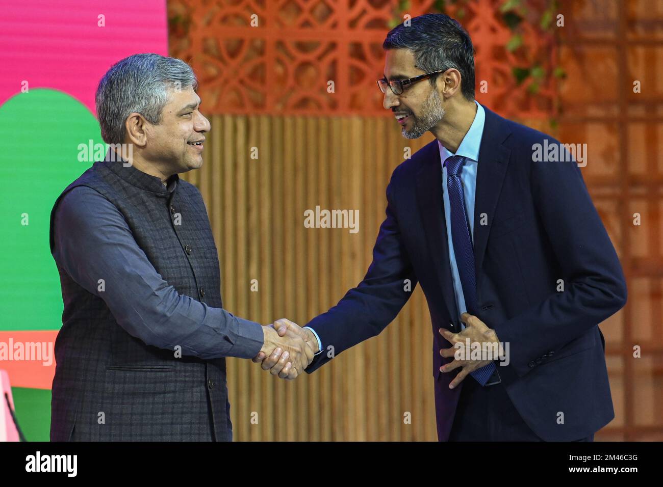 New Delhi, Delhi, India. 19th Dec, 2022. Minister of Railways, Communications and Electronics and Information Technology Ashwini Vaishnaw (L) and Sundar Pichai, Chief Executive Officer (CEO) of Google Inc. (R) shake hands during Google for India event in New Delhi (Credit Image: © Kabir Jhangiani/ZUMA Press Wire) Stock Photo