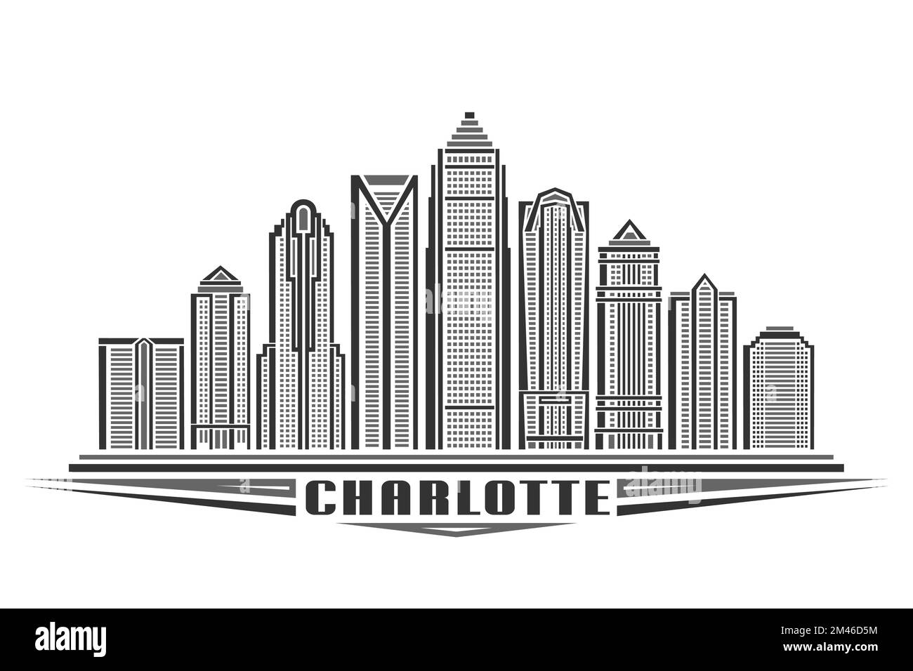 Vector illustration of Charlotte, monochrome horizontal poster with linear design famous charlotte city scape, urban line art concept with decorative Stock Vector