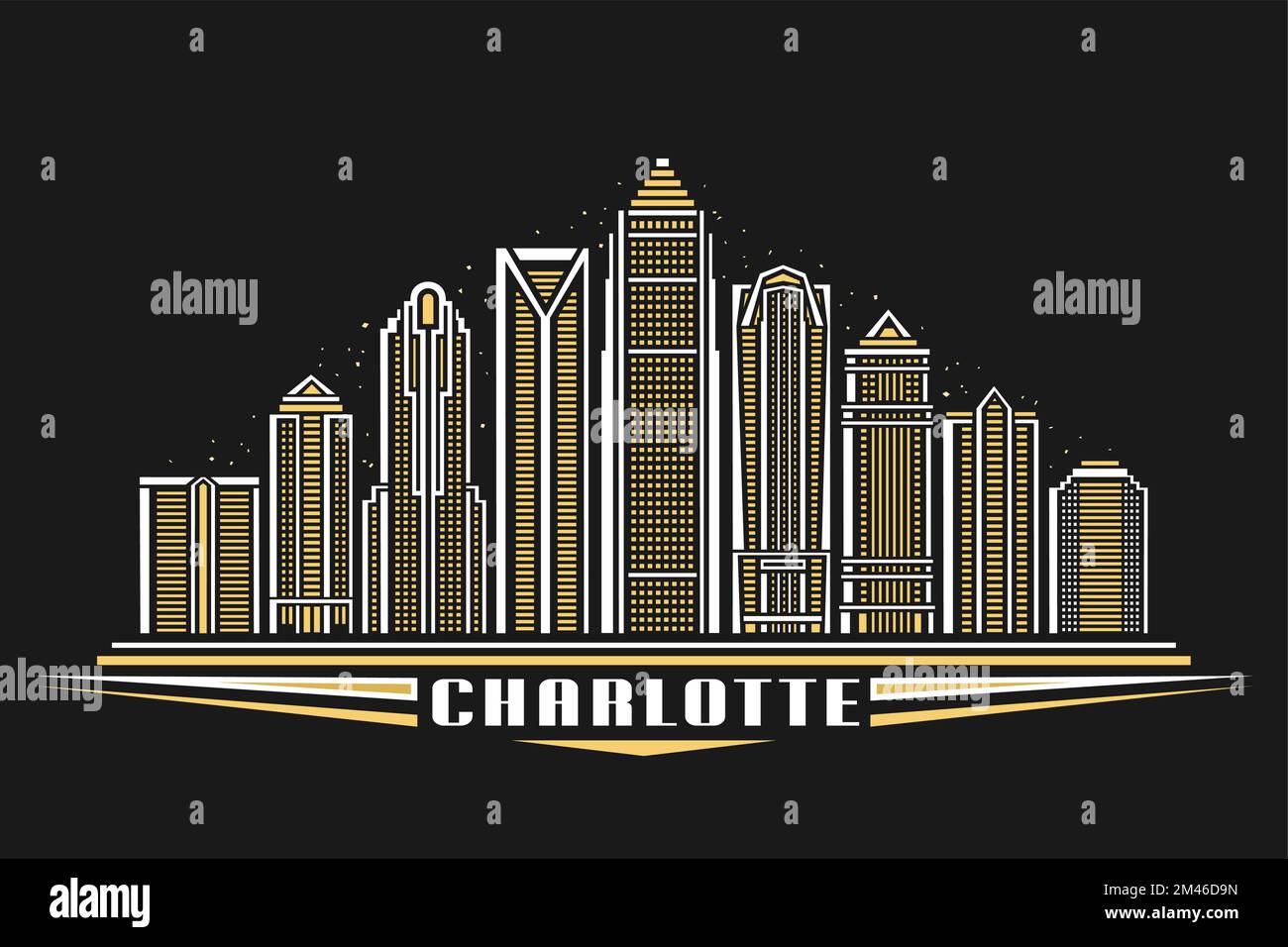 Vector illustration of Charlotte, dark poster with simple linear design famous charlotte city scape on dusk sky background, american urban line art co Stock Vector