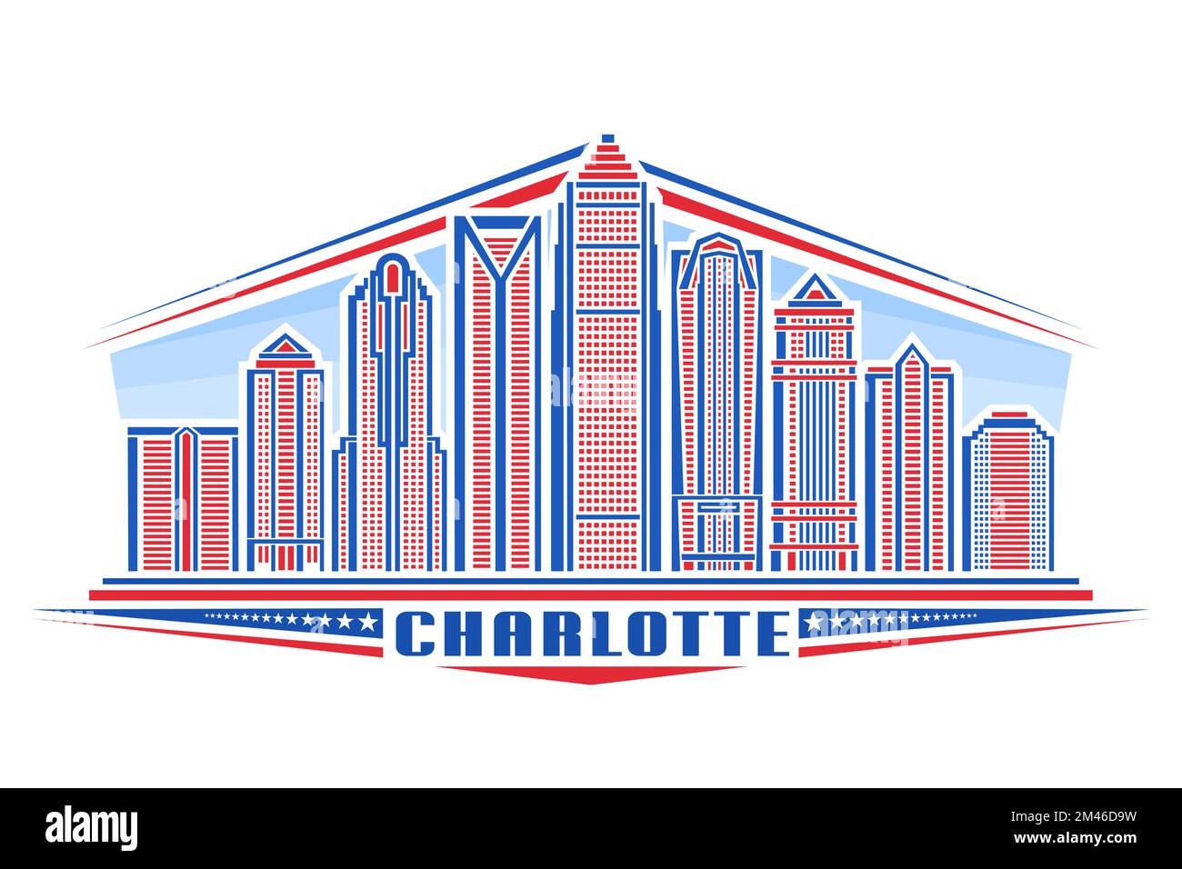 Vector illustration of Charlotte, horizontal badge with simple linear design famous charlotte city scape on day sky background, urban line art concept Stock Vector