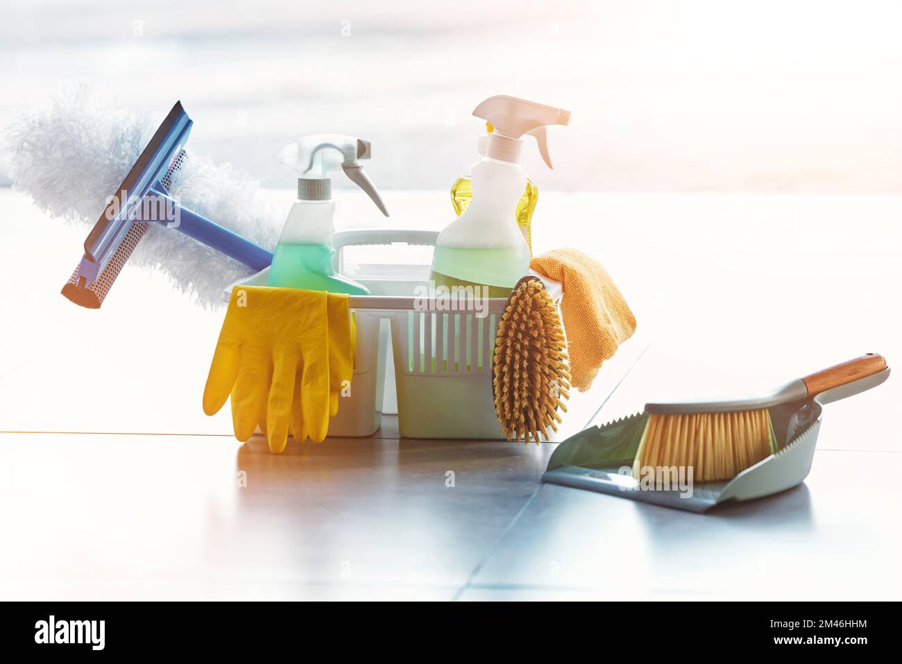 Product, cleaning or basket with spray, soap or gloves in a container