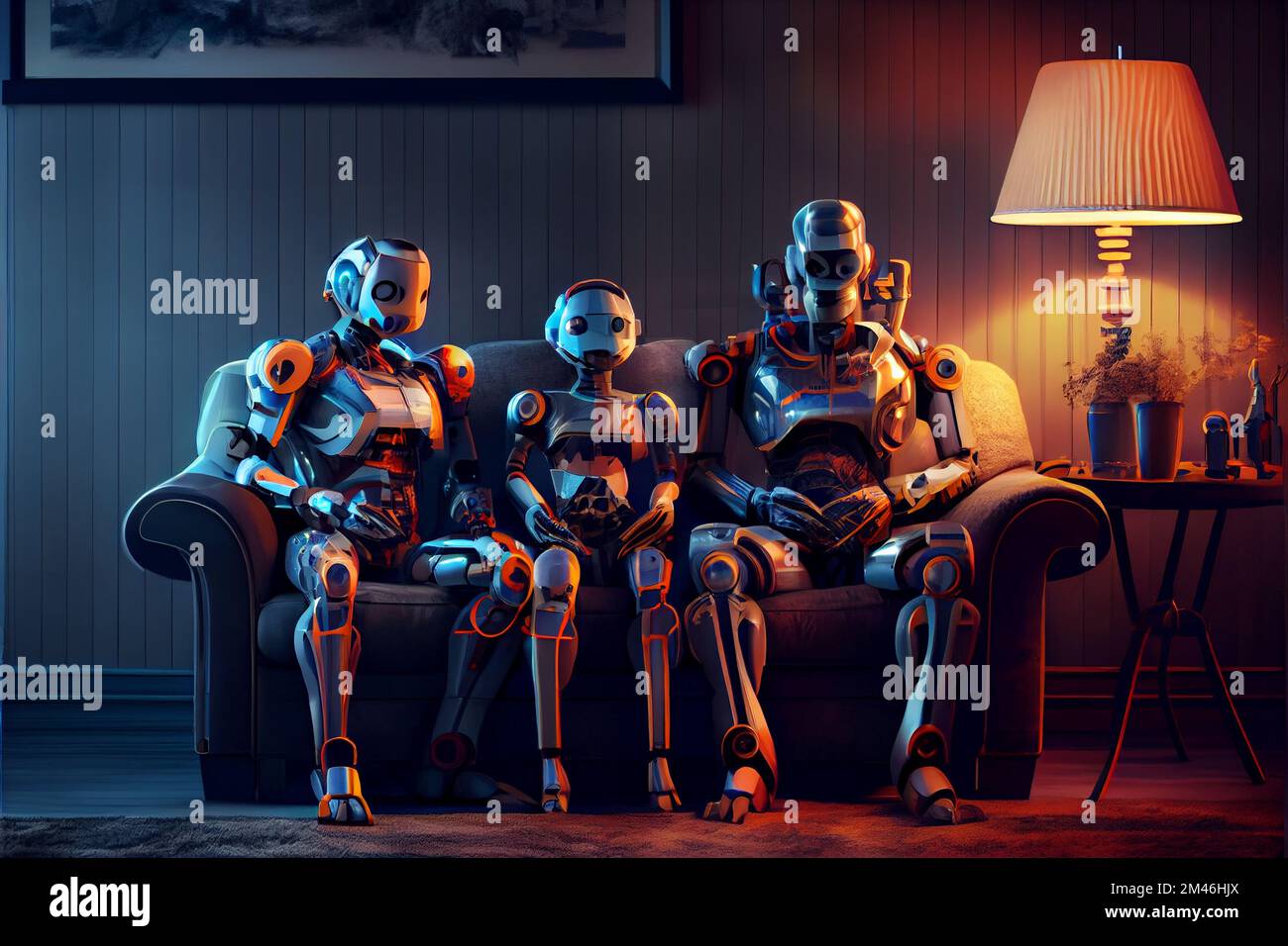 Robots family sitting in their living room. Futuristic concept Stock