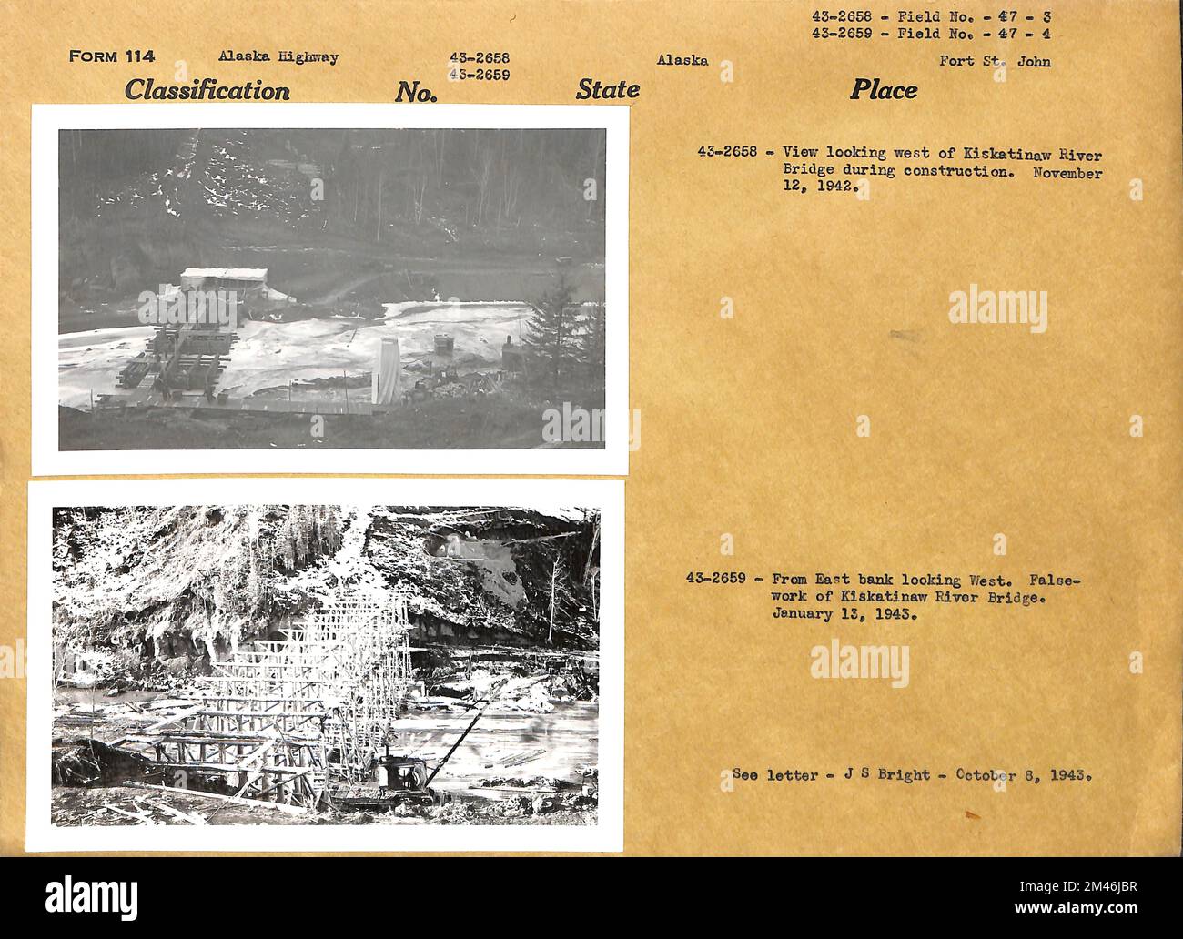 Kiskatinaw River. Original caption: 43-2658 View looking west of Kiskatinaw river Bridge during contruction. Original caption: 43-2659 From east bank looking west. False-work of Kiskatinaw River Bridge. State: Alaska. Place: Fort St. John. Stock Photo