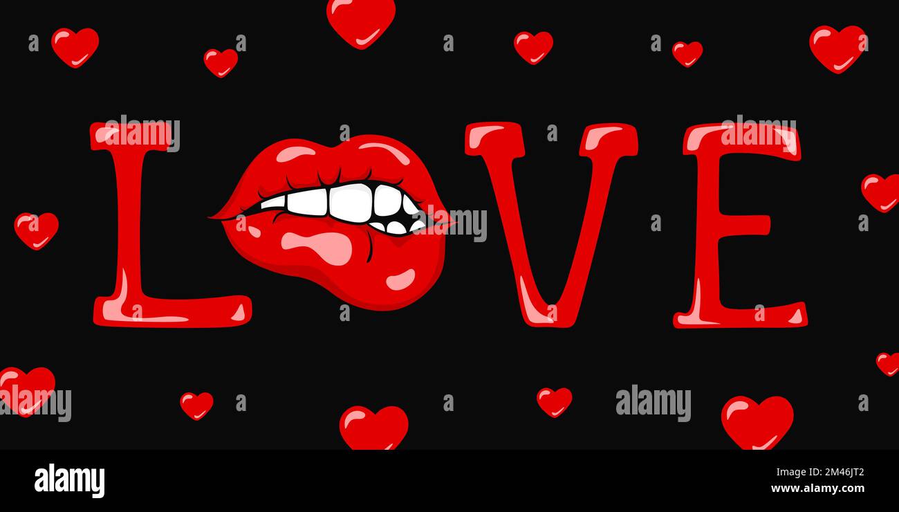 LOVE inscription. Lips and hearts. Vector illustration. Stock Vector