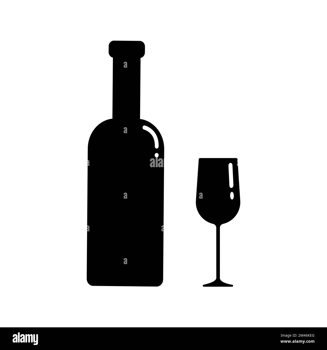 Set of alcohol bottle and glass silhouettes. Vector clip art isolate on white. Simple minimalist illustration in black color. Stock Vector