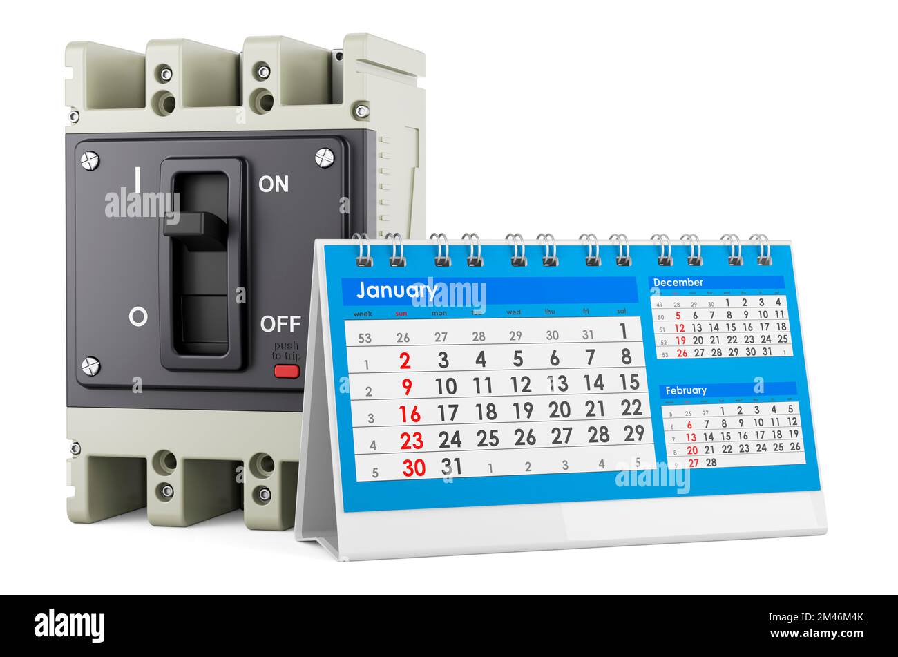 Circuit breaker with desk calendar, 3D rendering isolated on white ...