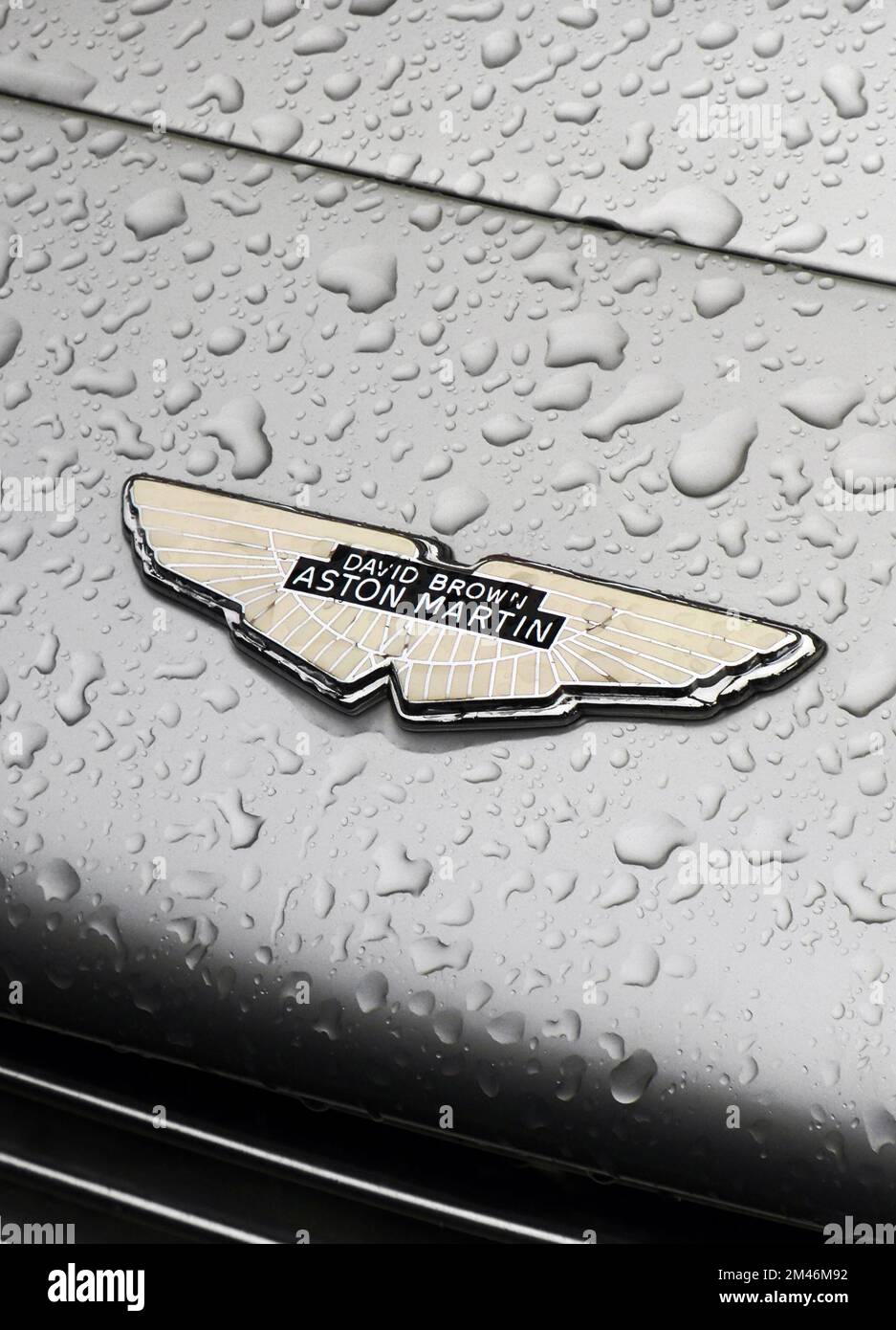 September 18, 2010 - Kyiv, Ukraine: Old Aston Martin supercar emblem. Car in raindrops Stock Photo