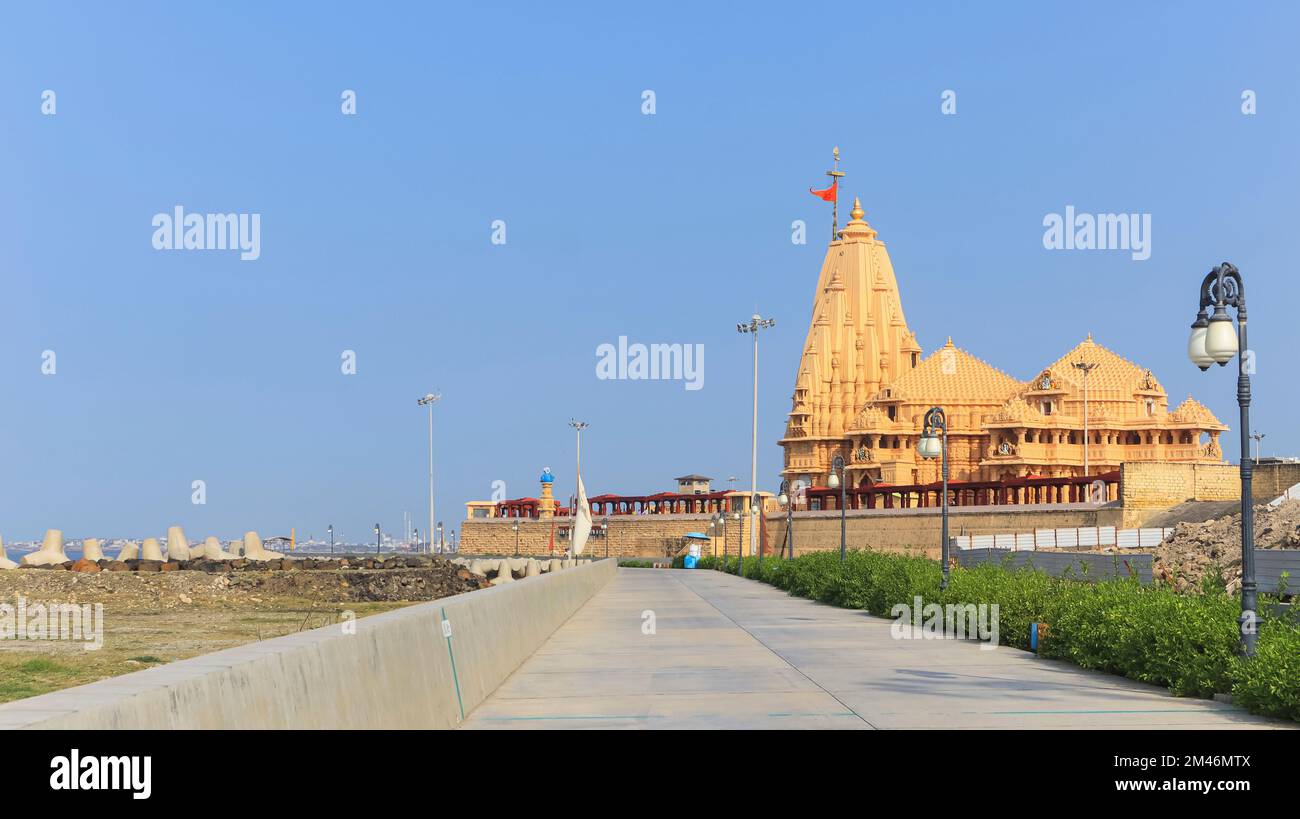 View of Somnath Temple From Beach Side, Somnath, Gujarat, India. Most sacred pilgrimage sites for Hindus and is believed to be first among the twelve Stock Photo