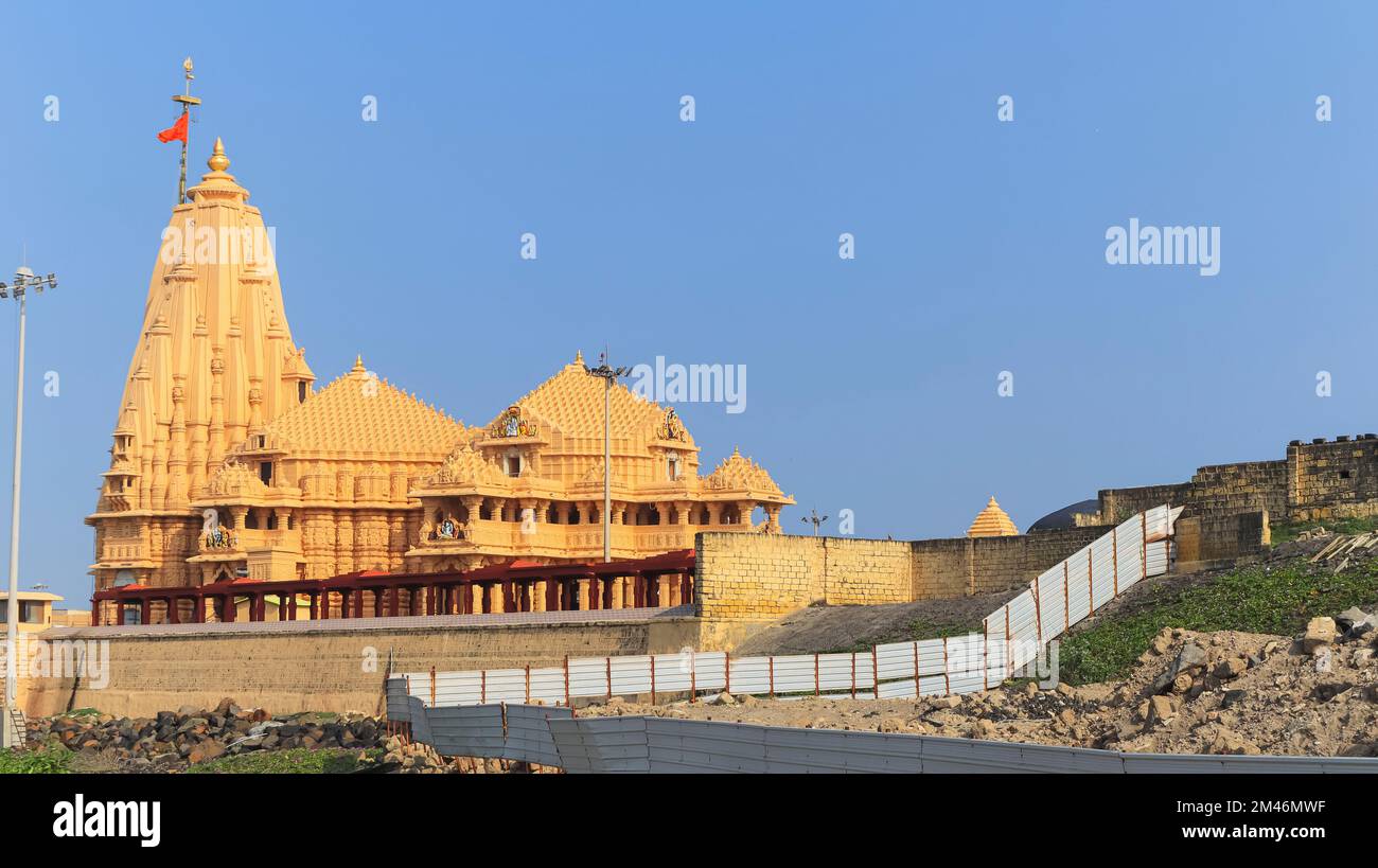 View of Somnath Temple From Beach Side, Somnath, Gujarat, India. Most sacred pilgrimage sites for Hindus and is believed to be first among the twelve Stock Photo