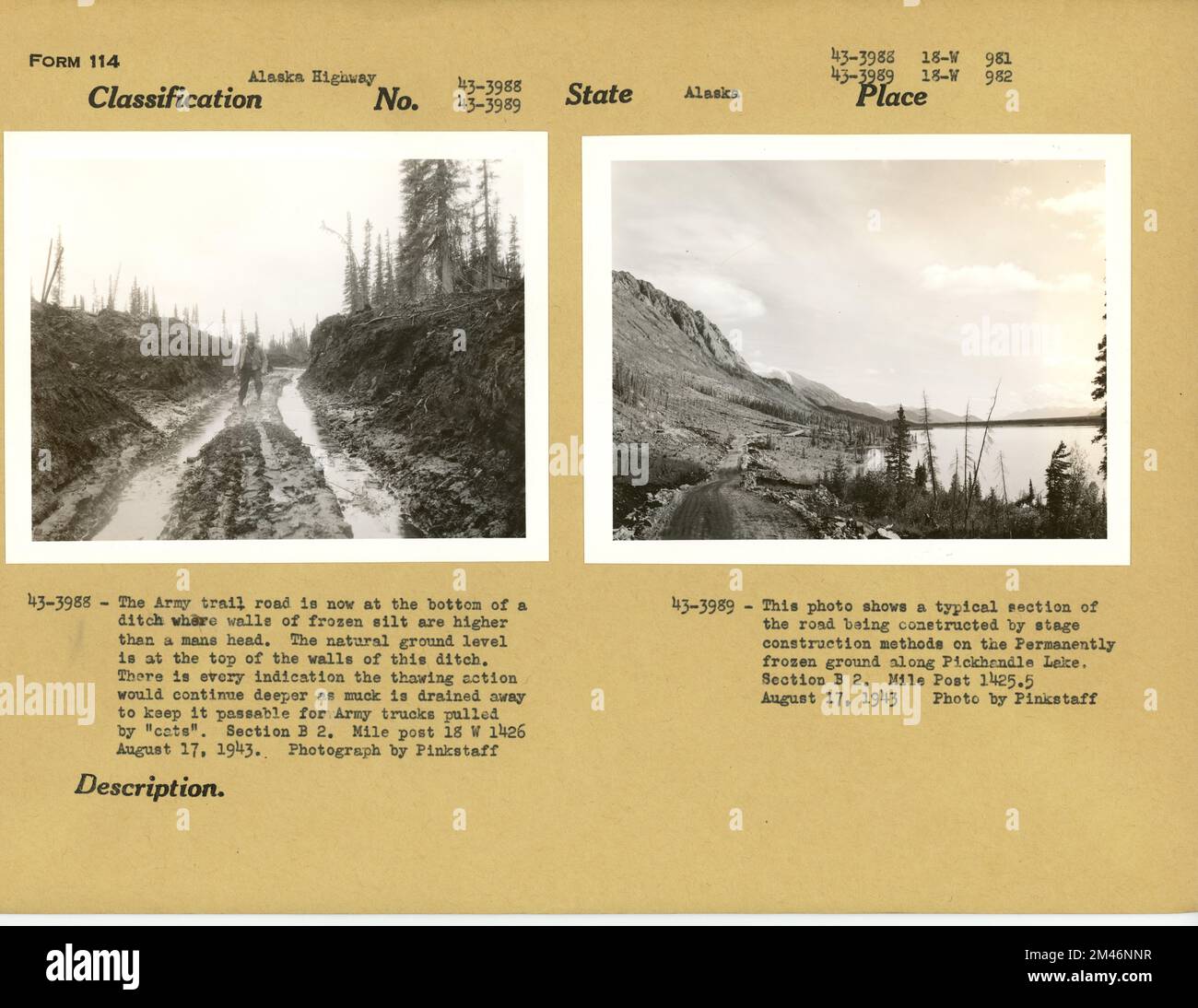 Section of Army road with walls of frozen silt; Typical section of road being constructed on