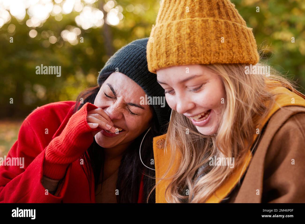 Happy friends in autumn scenery Stock Photo