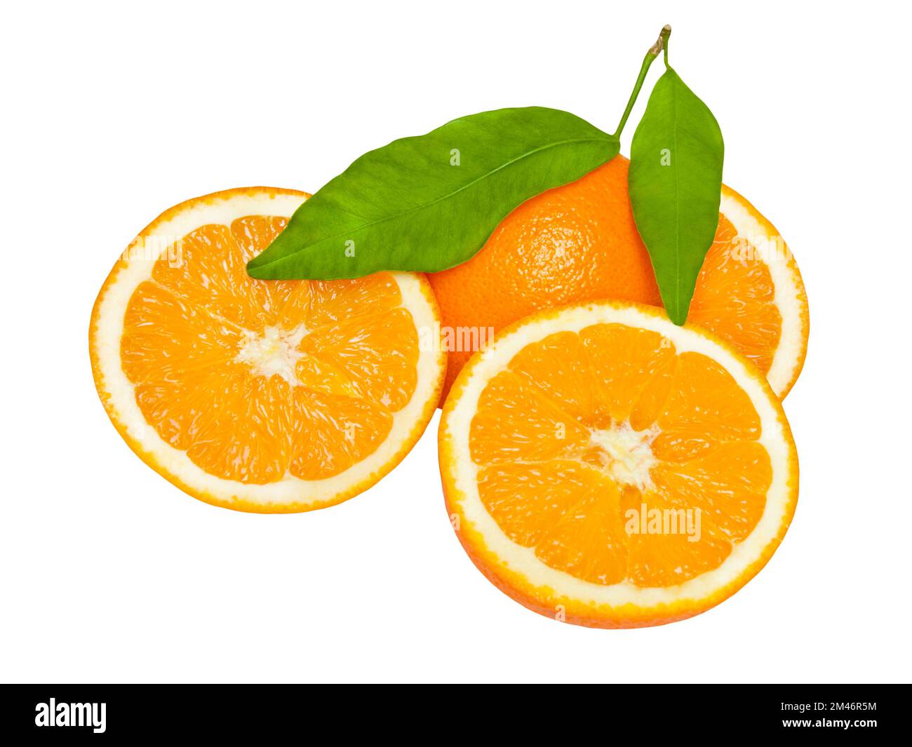 Oranges and leaves isolated on white  background Stock Photo