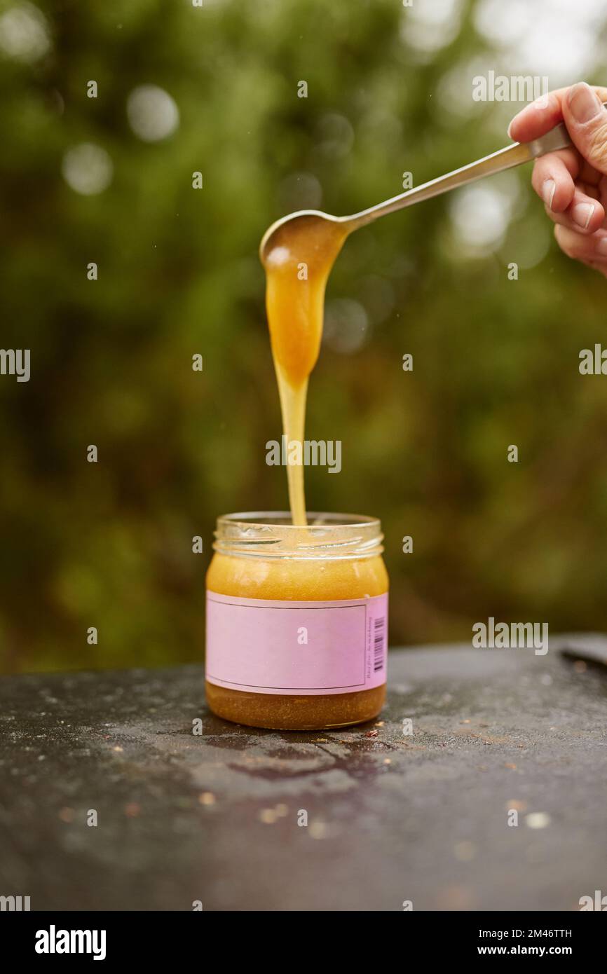 Honey being poured into jar Stock Photo Alamy
