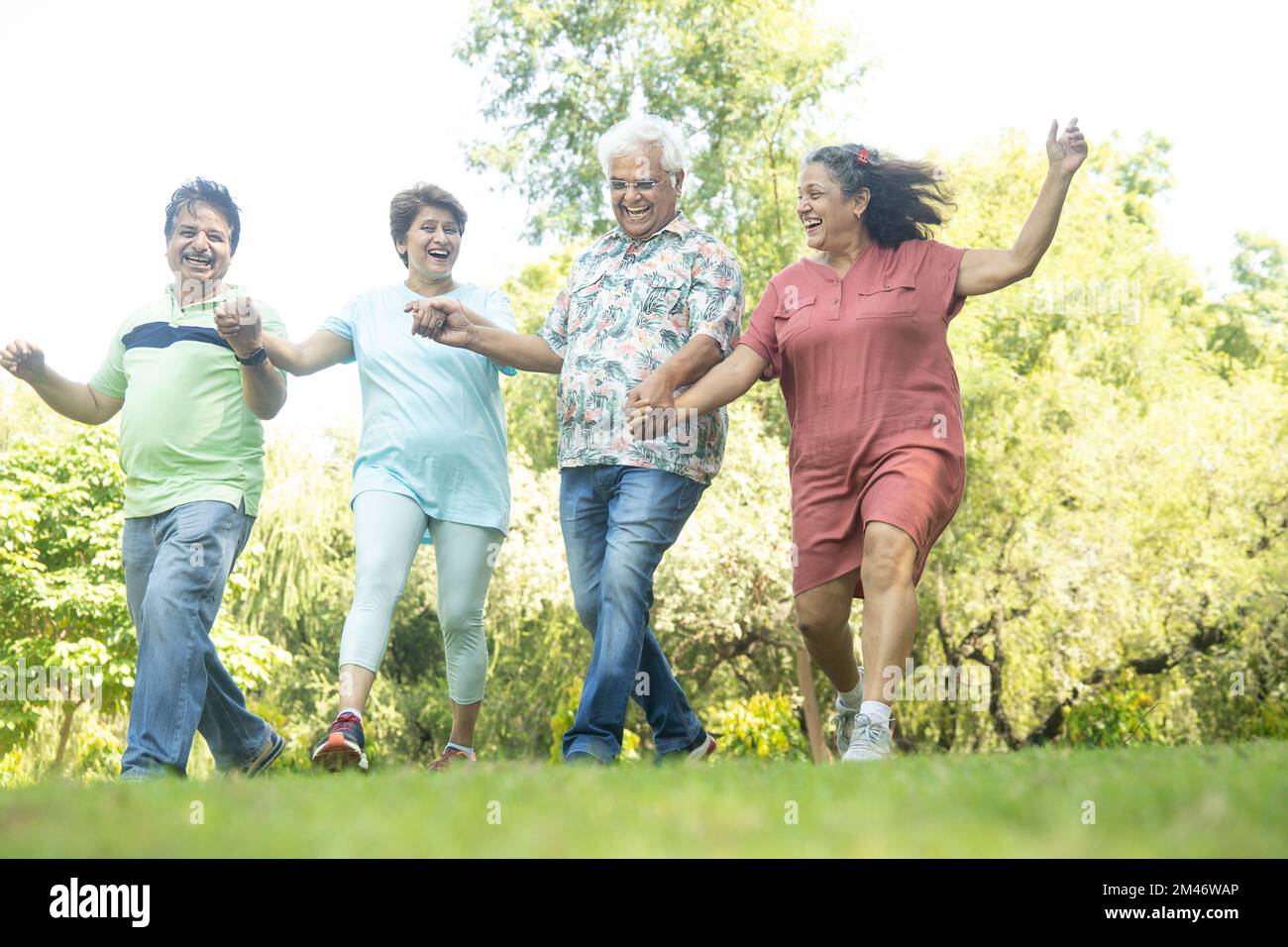 Group of happy indian senior men and women laughing and walking together in summer park. Retirement life, retired people enjoying in garden. having fu Stock Photo