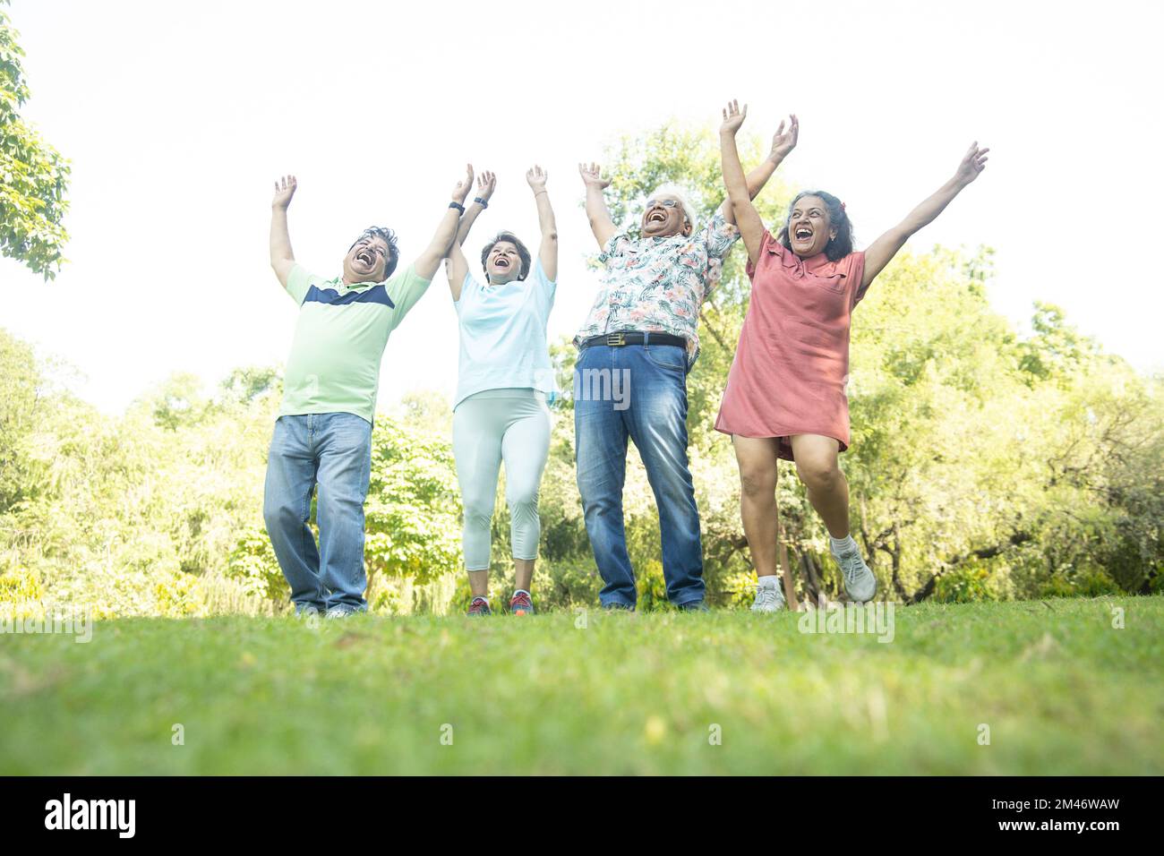 Group of happy indian senior men and women laughing together in summer park. Retirement life, retired people enjoying in garden. having fun. Stock Photo