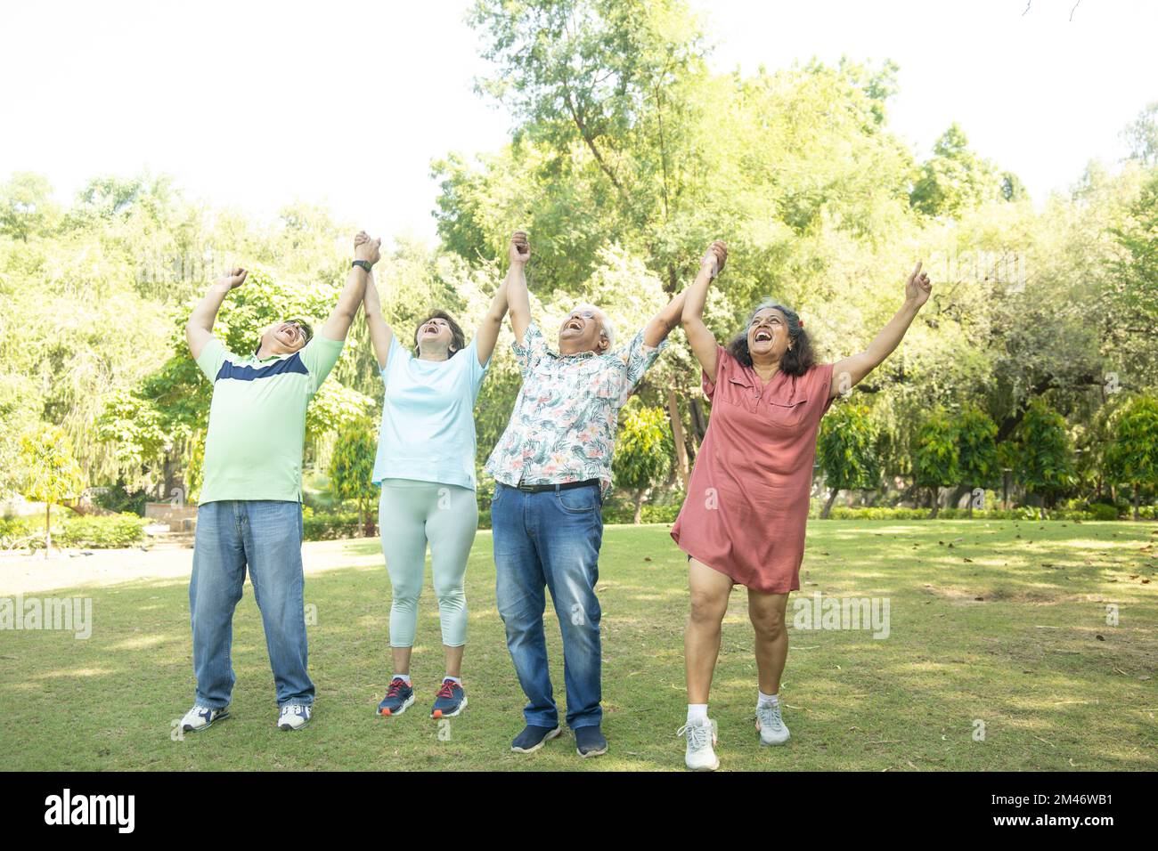 Group of happy indian senior men and women laughing together in summer park. Retirement life, retired people enjoying in garden. having fun. Stock Photo