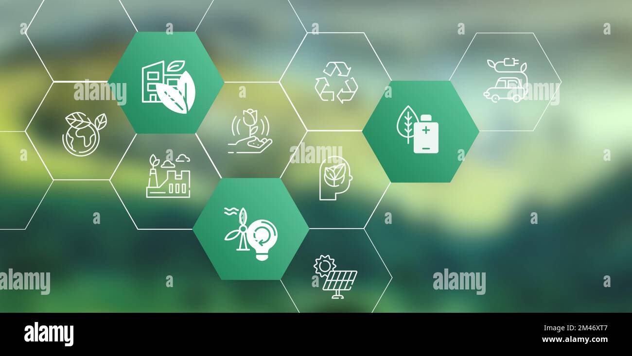 Nature Background with icons energy sources for renewable, sustainable ...