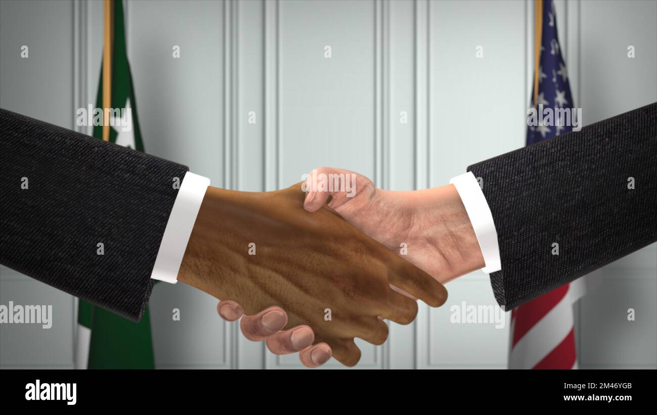 Pakistan and USA Partnership Business Deal. National Government Flags. Official Diplomacy Handshake 3D Illustration. Agreement Businessman Shake Hands Stock Photo