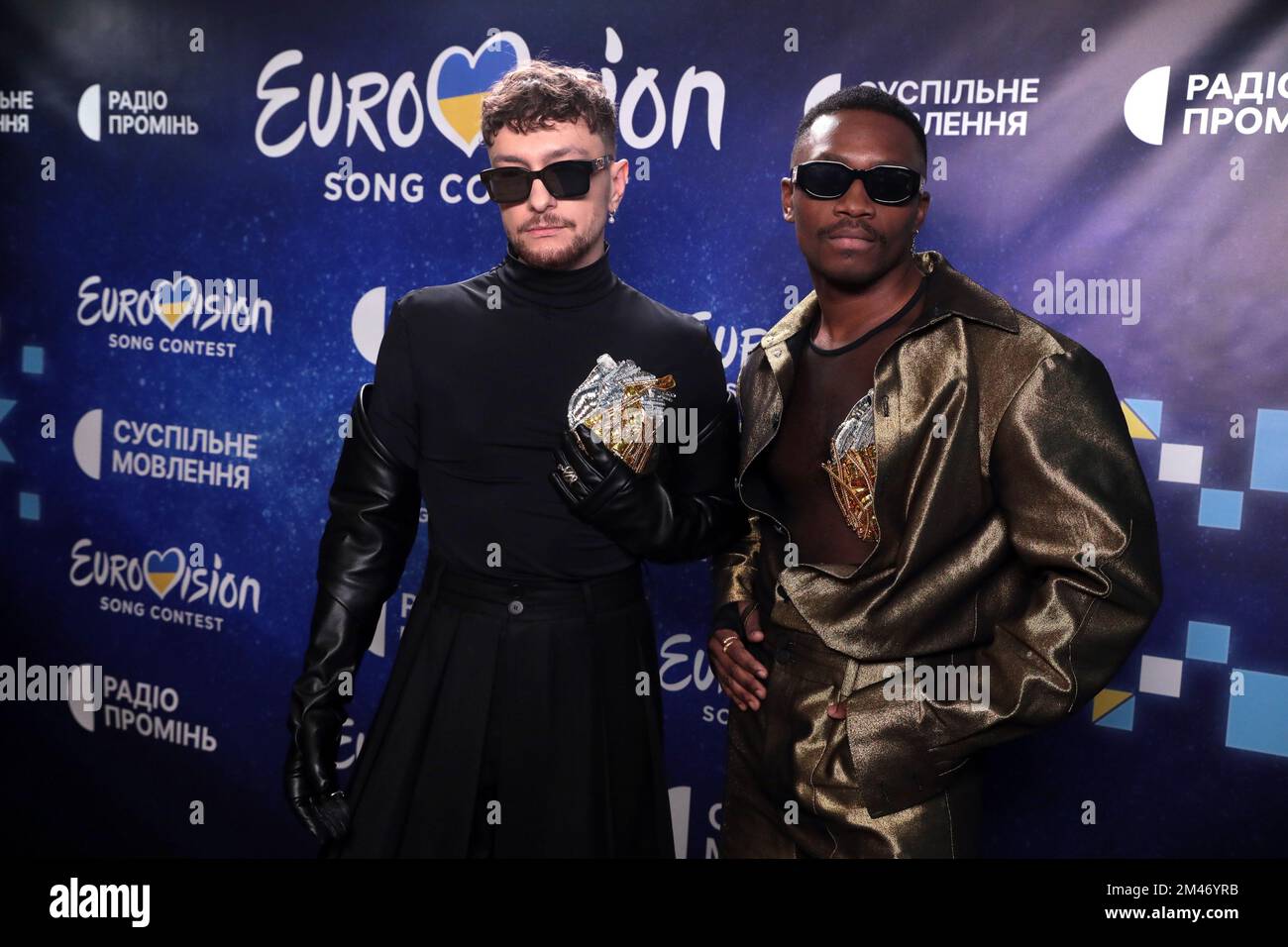 KYIV, UKRAINE - DECEMBER 17, 2022 - Members of the TVORCHI band pose for a photo at the press conference of the winners of the national selection for the International Song Contest Eurovision 2023, Kyiv, capital of Ukraine. Stock Photo